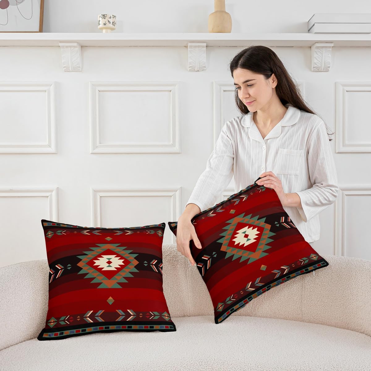 Feelyou 24 x 24-Inch Southwest Native Design Square Cushion Covers Set of 1 Boys Girls Southwestern Geometric Reversible Throw Pillow Covers for Kids Tribal Pillow Covers Home Decor Red Green