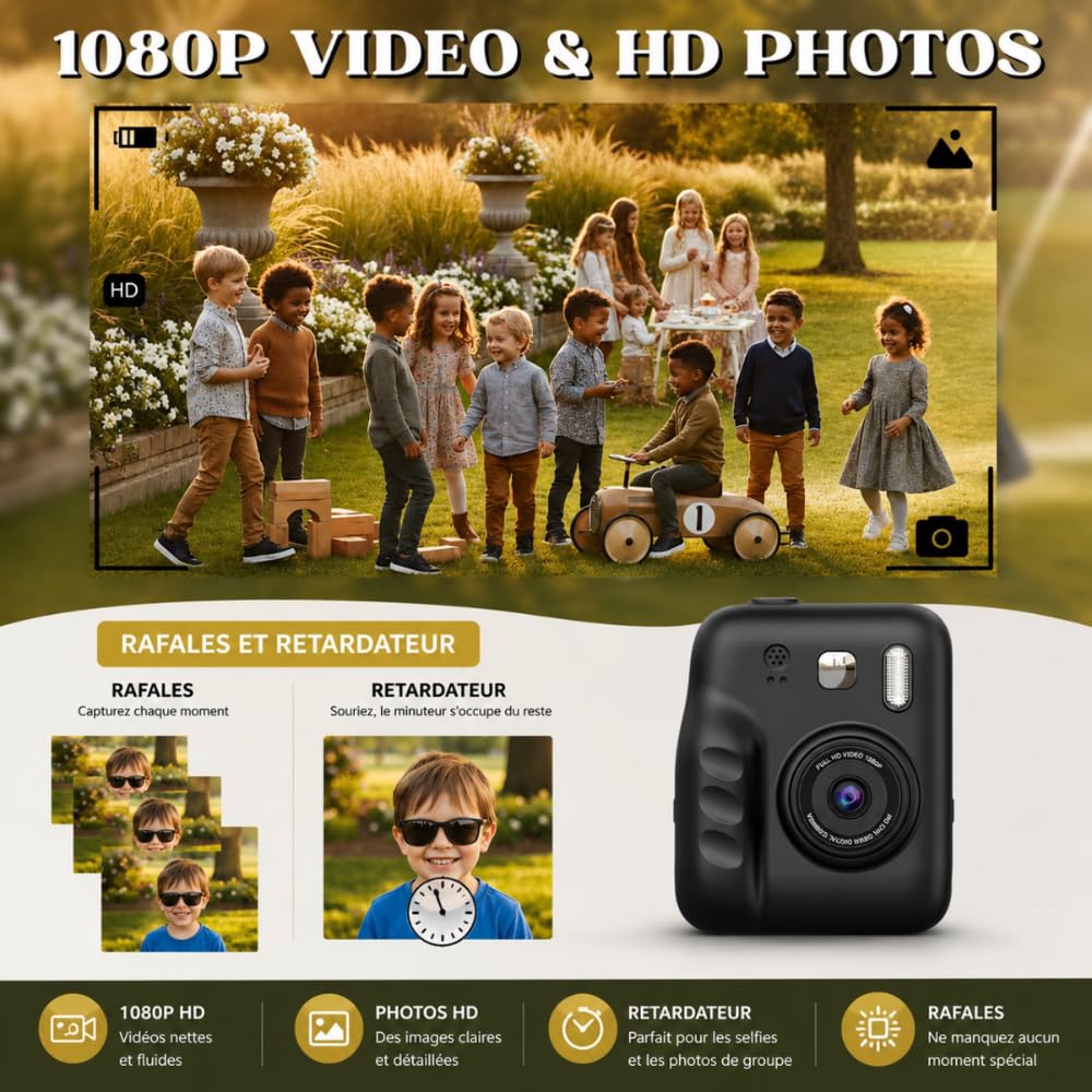 Appareil Photo Instantané Enfant, 2'' Écran HD Impression Immédiate sans Encre avec 4 Rouleaux d'impression Jeux Intégrés et Dessins Cadeau Enfants & Ados 3 à 12 Ans (Noir)