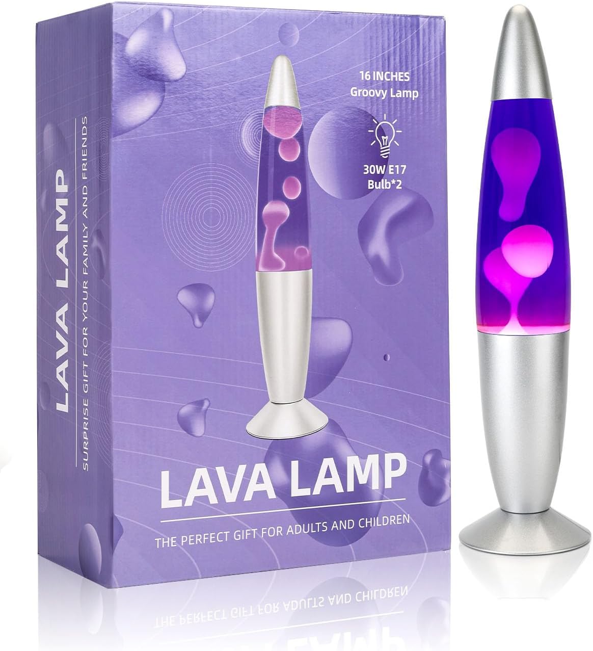 Otdair 16 inches Lava Lamp, Magma Lamp with 2 Light Bulbs, Gorgeous Liquid Lamp with Silver Base, Relaxing Night Light Glitter Lamps for Kids, Adults, Home Decoration, Purple Liquid White Wax