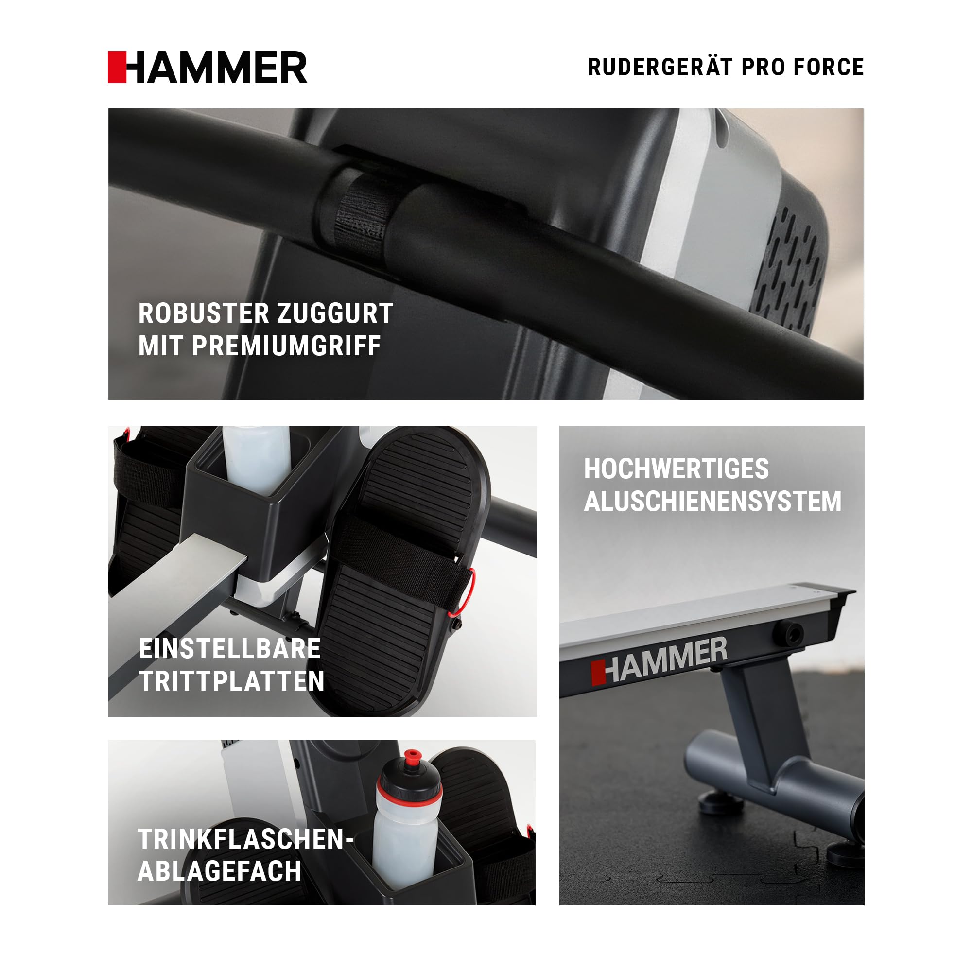 HAMMER Rudergerät Pro Force - platzsparendes, leichtes & hocheffektives Ausdauergerät mit 20 Trainingsprogrammen und Tablet-Halterung, bis 120 kg Nutzergewicht