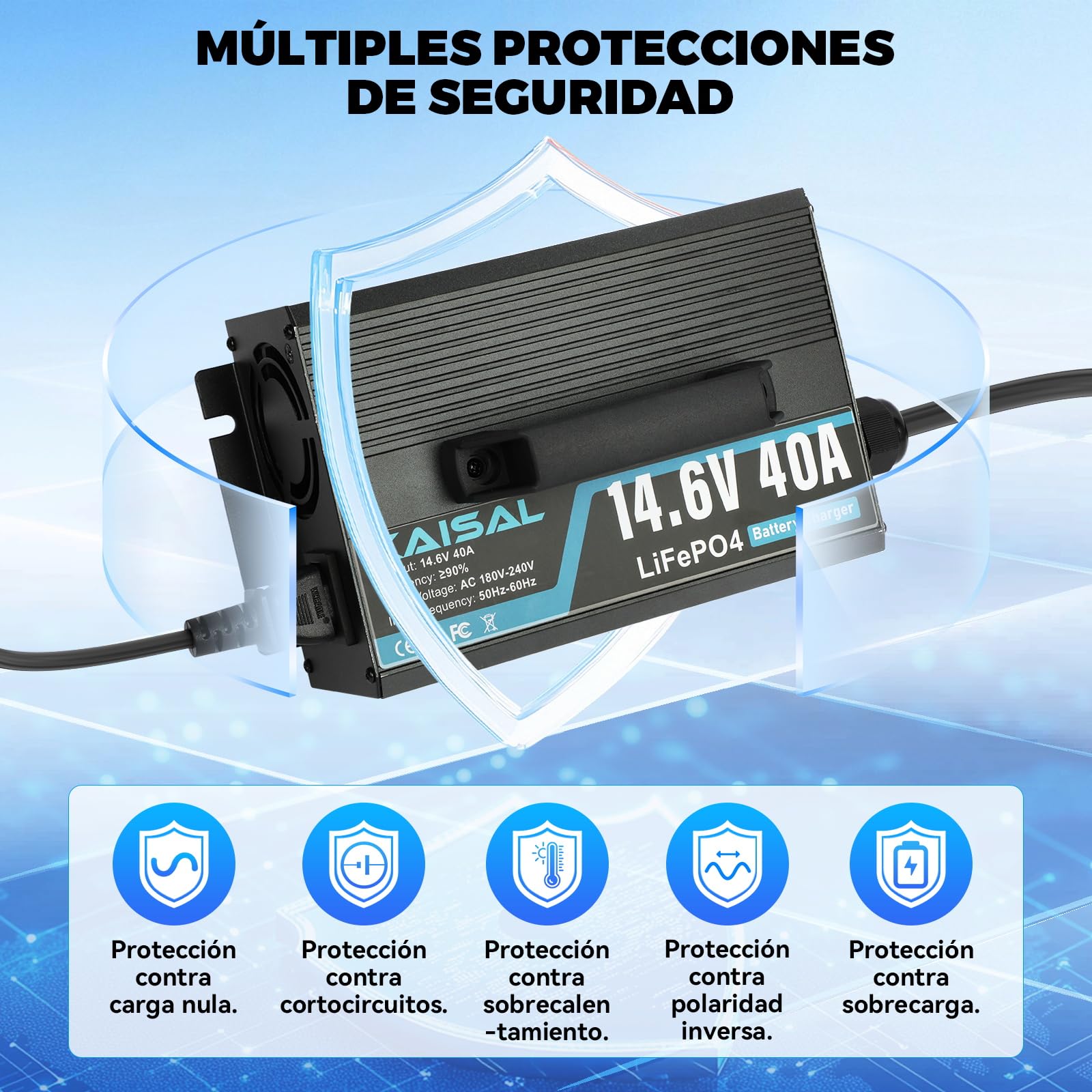 KAISAL 14.6V 40A Cargador de Batería LiFePO4, Cargador de LiFePO4 para 12V/12.8V Batería de Litio,12V Cargador de Bateria Litio Recargable de Ciclo Profundo para Autocaravanas,Barcos,Solar