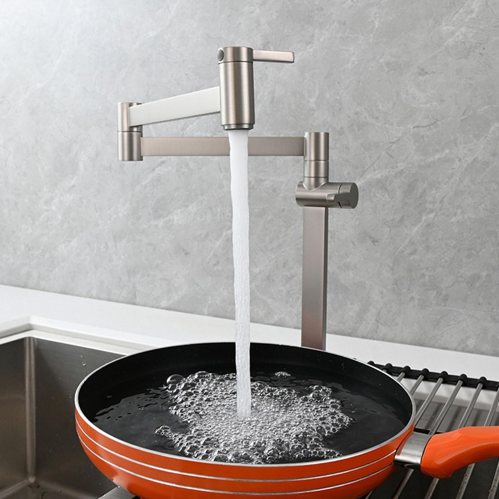 Robinet de cuisine pliable gain de place à double bras articulé extensible en nickel brossé