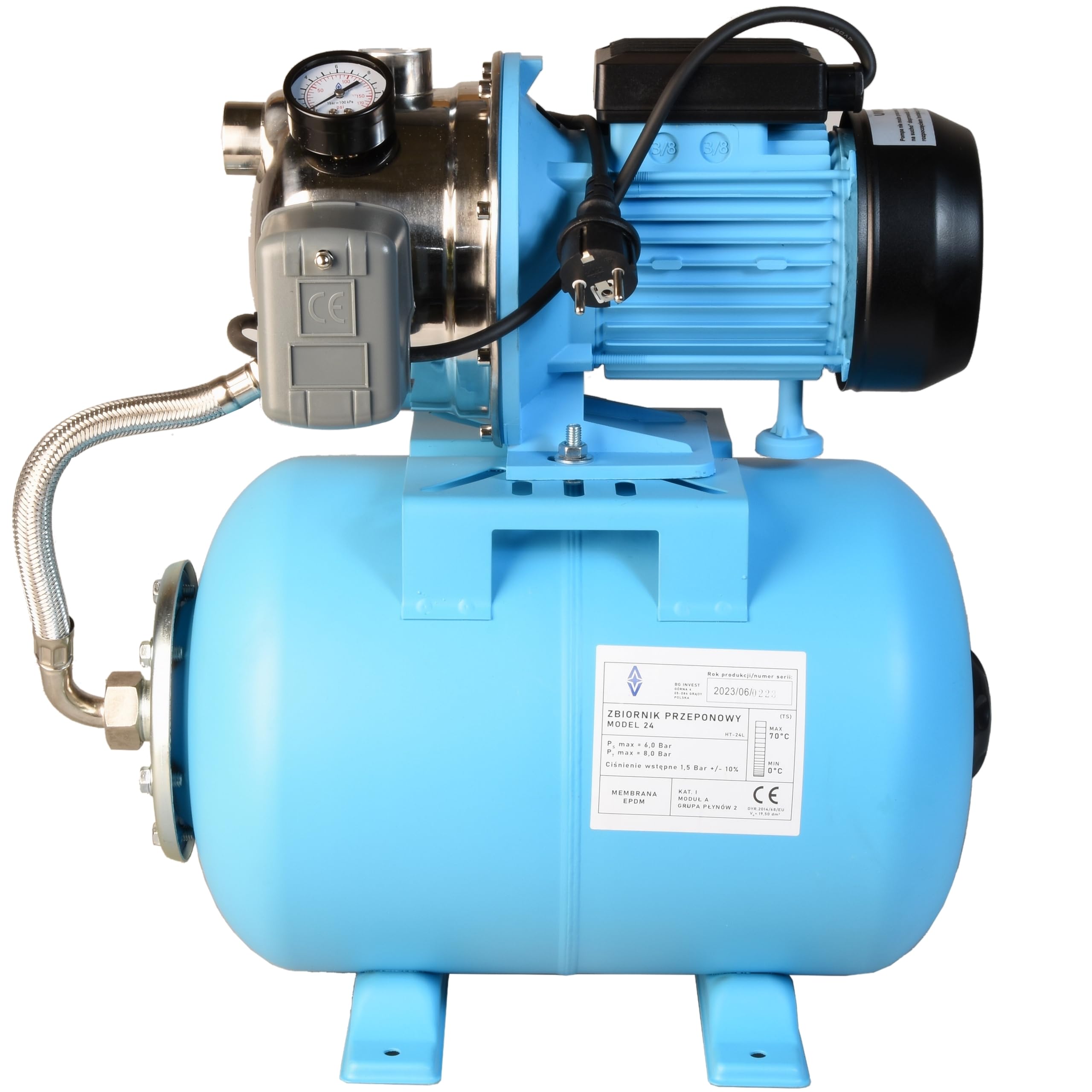 Hydrofor do Wody 24L ZESTAW HYDROFOROWY Pompa Hydroforowa INOX JX 1100 (1100 W, 3600 l/h, max. podnoszenie 50 m) Zbiornik Przeponowy 24 Litry Osprzęt WYDAJNY
