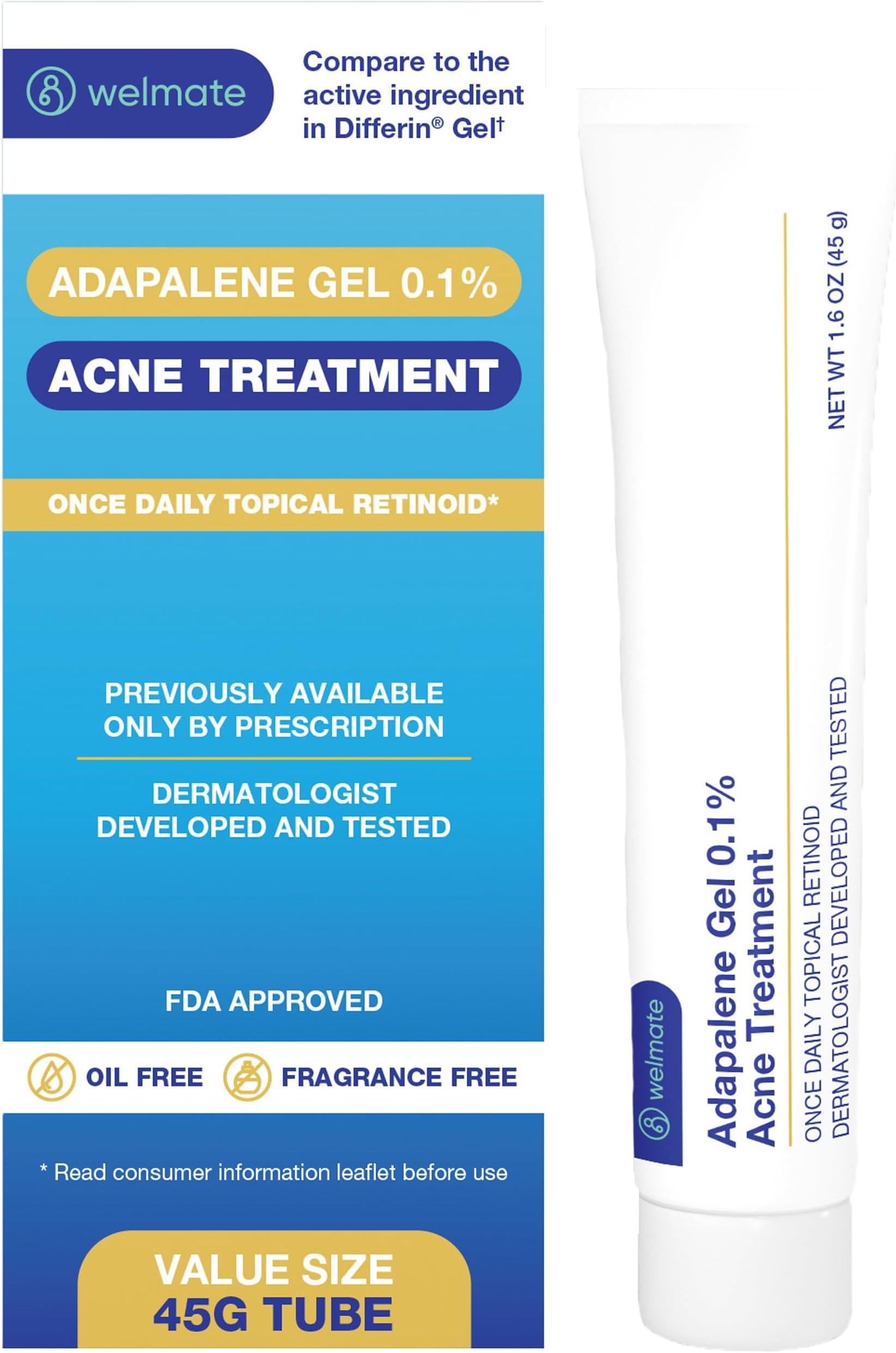 Adapalene Gel 0.1% Topical Retinoid, Acne Treatment, 1.6oz