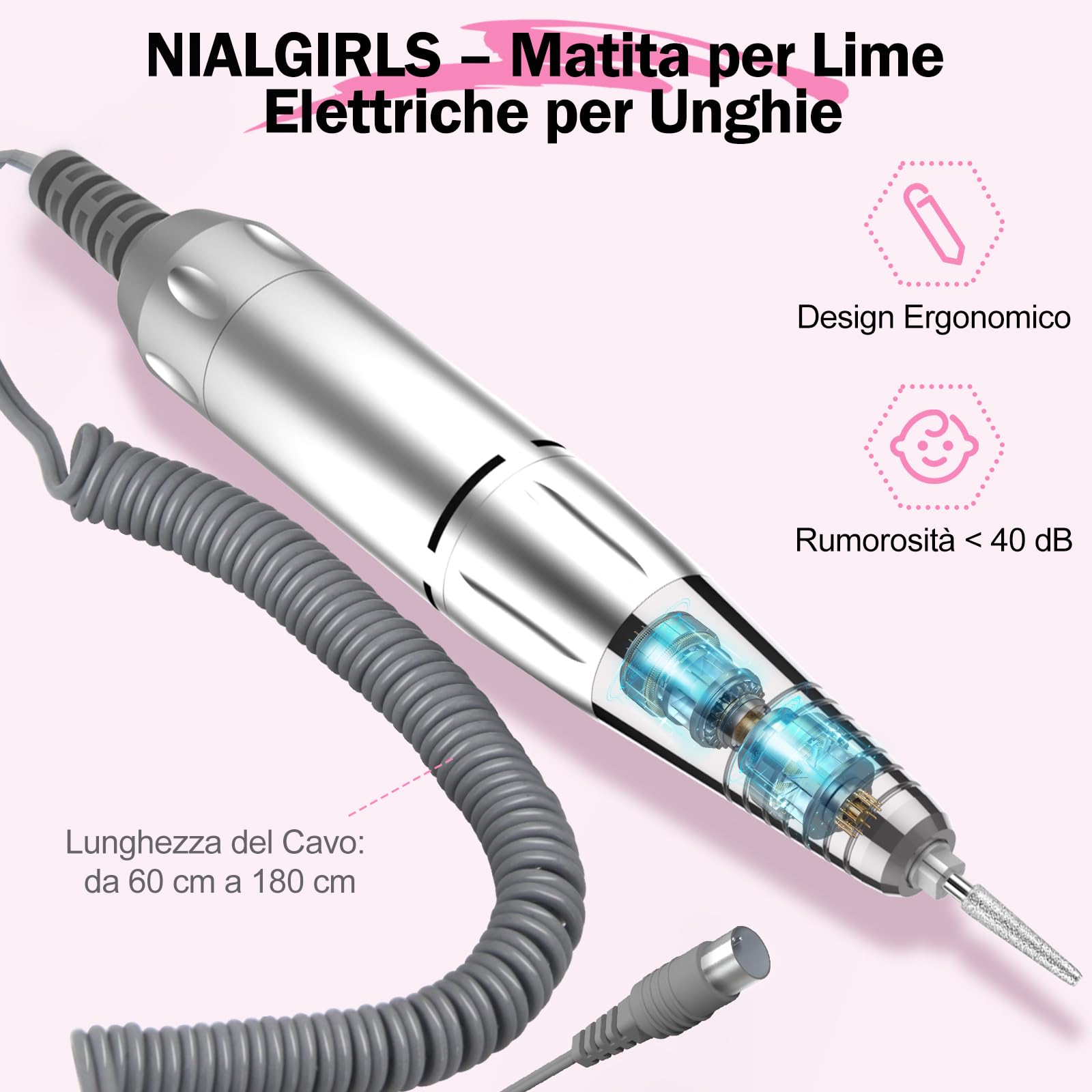 NAILGIRLS 11-in-1 elektrischer Nagelfräser für Maniküre und Pediküre, 35.000 U/min, einstellbare Geschwindigkeit, intelligente LED, tragbare elektrische Nagelfeile (Rosa)