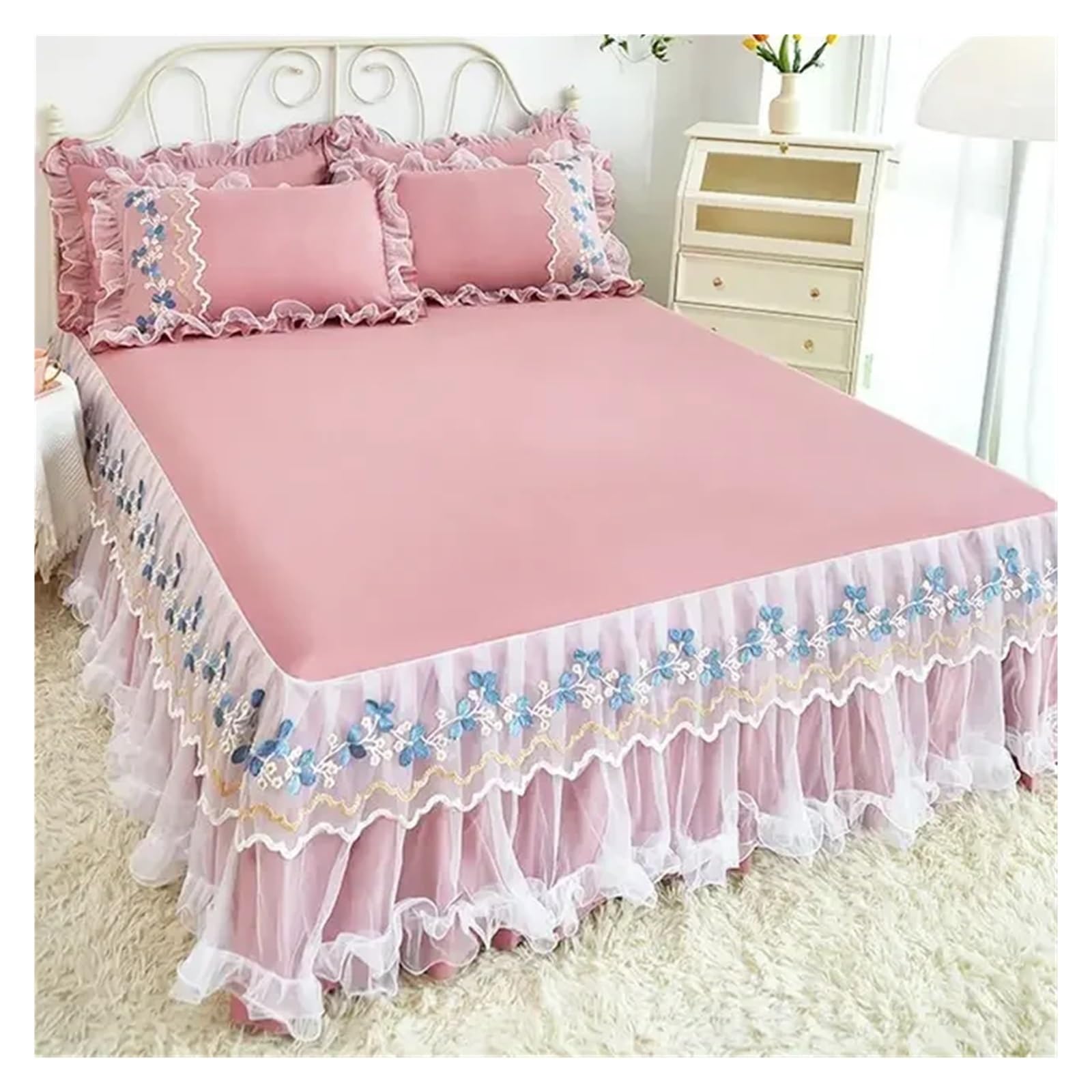Lace Lotus Leaf Lace Bed Skirts Solid Color White Pink Bedspread Bed Cover Non-Slip Sheets Without Pillowcase(07,120x200cm 3pcs)