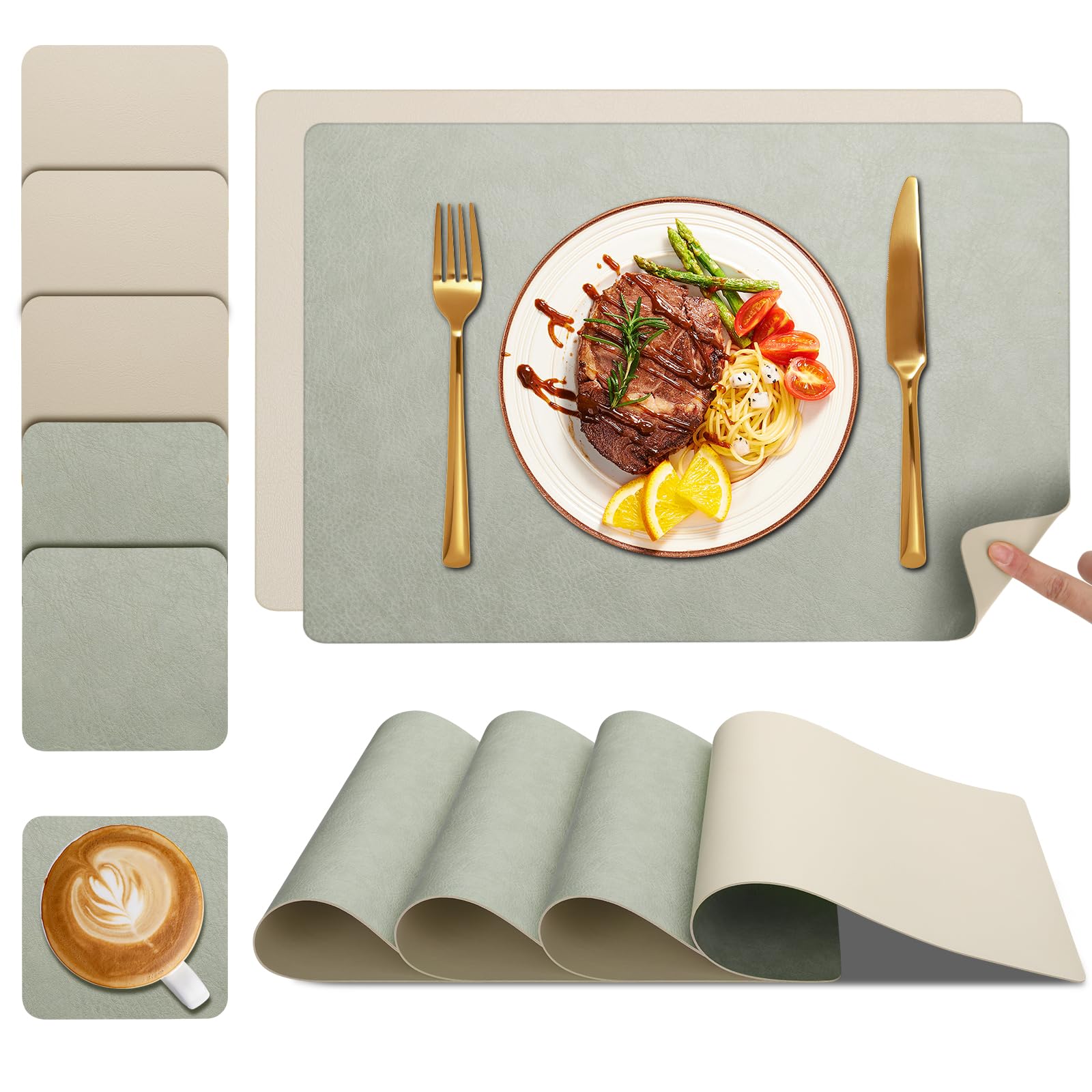 Tischsets Abwaschbar und Untersetzer 6er Set, Doppelseitiges Kunstleder Platzsets rutschfest, abwischbare Platzdeckchen mit einfacher Reinigung für Küche & Esszimmer