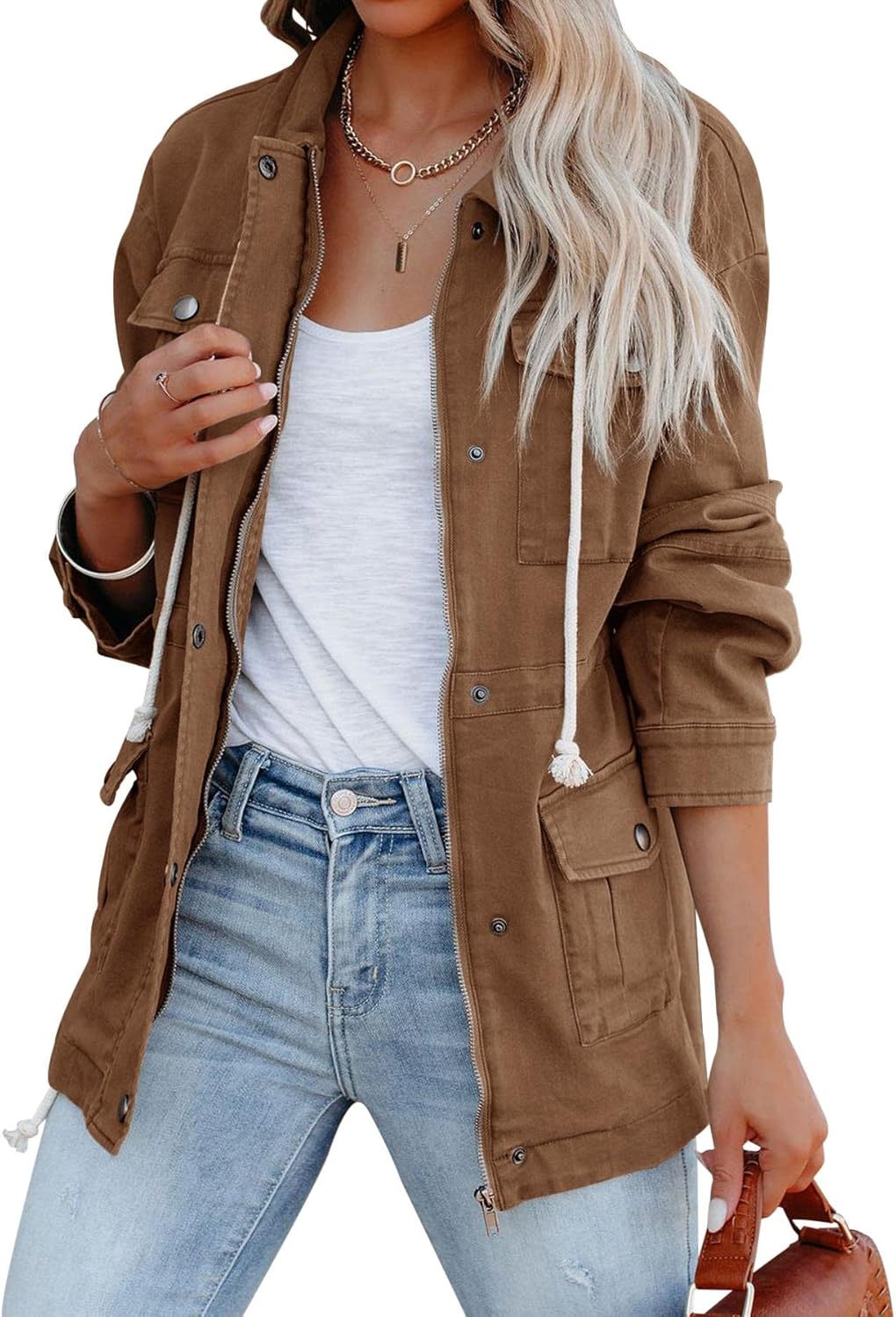 Ebifin Womens Military Anorak Jacket Zip Up Snap Buttons Lightweight Safari Utility Coat Outwear With Pockets - Image 2