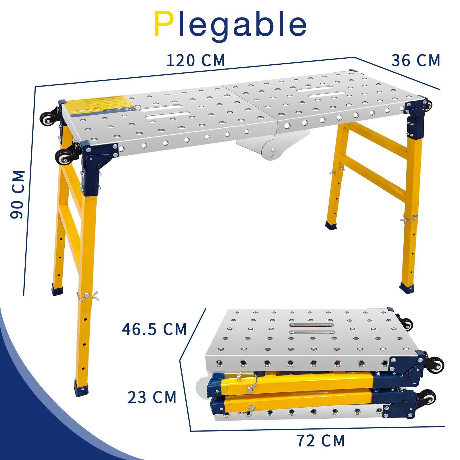 VKE Plataforma de Trabajo 120 × 36 × 90 CM de Chapa Galvanizada, 500 KG de Capacidad de Carga, Andamio Portátil, Escalera Andamio Plegable con 4 Ruedas Universales, Regulable en Altura