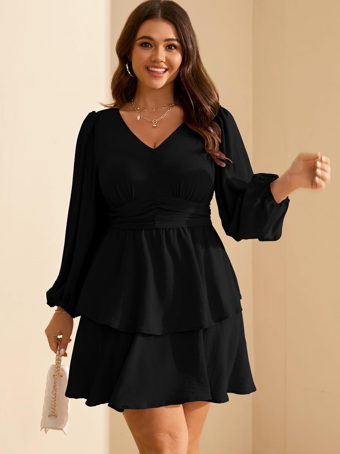 RWJ Plus Size Dresses for Curvy Women V Neck Long Sleeve Elastic Waist Fall Wedding Guest Layer Casual Mini Dress - Image 4