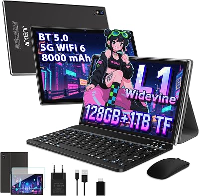 Tablet 10 Pulgadas Android, 22GB RAM+128GB ROM (TF 1TB), 8000mAh, Octa-Core 2.0 GHz, 5G+2.4G Dual Band WiFi 6, Widevine L1, GPS, Face ID, GMS, 5MP+8MP, BT5.0, Tablet con Teclado y Ratón – Negro