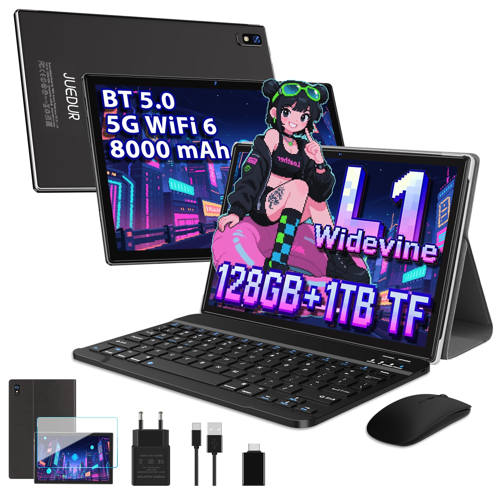 Tablet 10 Pulgadas Android, 22GB RAM+128GB ROM (TF 1TB), 8000mAh, Octa-Core 2.0 GHz, 5G+2.4G Dual Band WiFi 6, Widevine L1, GPS, Face ID, GMS, 5MP+8MP, BT5.0, Tablet con Teclado y Ratón - Negro