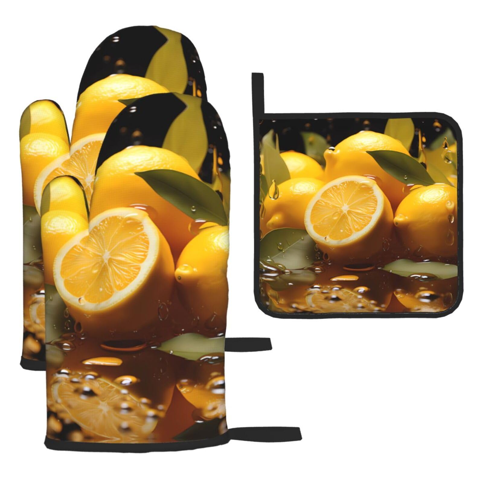 Fresh Lemon Oven mittens and oven mitts three-piece set suitable for oven, grilling, baking, microwave and home cooking.