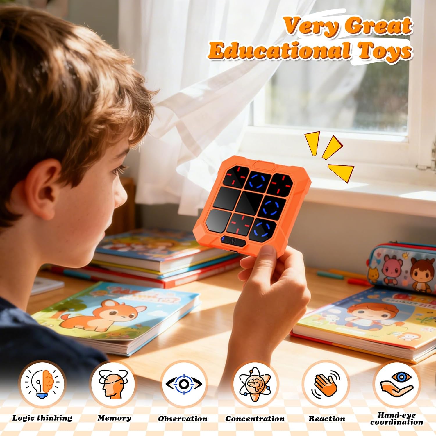 6 in 1 Tic-Tac-Toe Handheld Game for Kids & Teens, Easter Basket Stuffers, 1-2 Players, Electronic Travel Board with 6 Games, Memory Game & Whack a Mole, Fidget Puzzle Toys for Boys Girls Age 6-12+