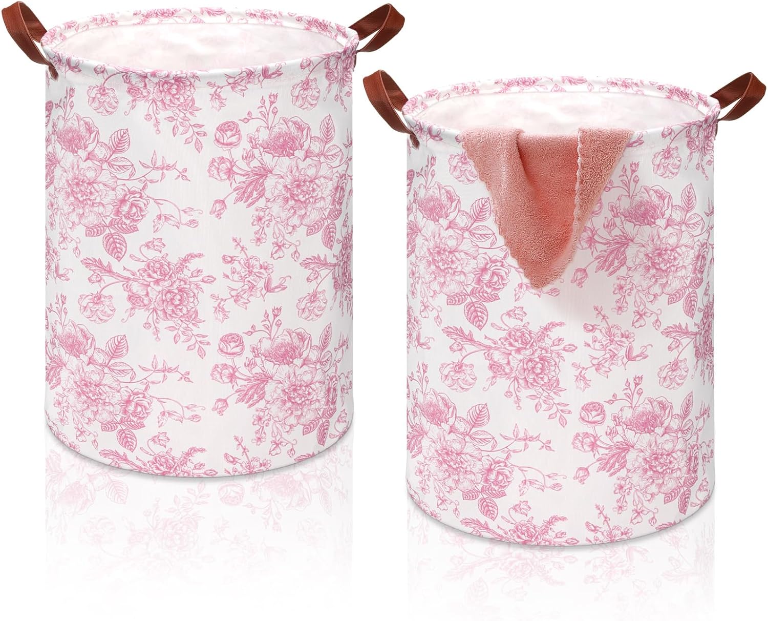 2 Pcs Pink Laundry Basket Coquette Storage Basket for Girls Nursery Hamper with Handles Foldable Waterproof Collapsible Storage Bin Organizer for College Dorms Bathroom(Chinoiserie)