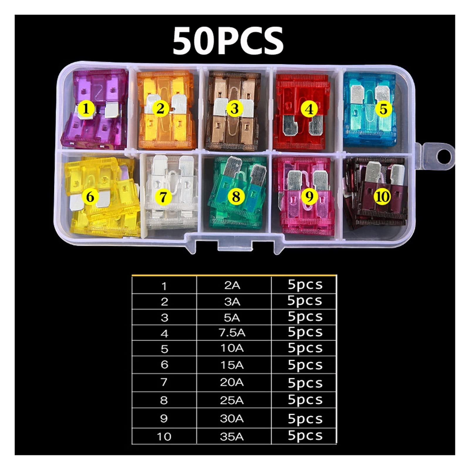 Fusibile 100 PZ 50 PZ Mini Fusibile Lama Assortimento Set for Auto Auto Camion 2/3/5/7.5/10/15/20/25/30/35/40A Fusibile Auto con Scatola (Size : 100pcs)