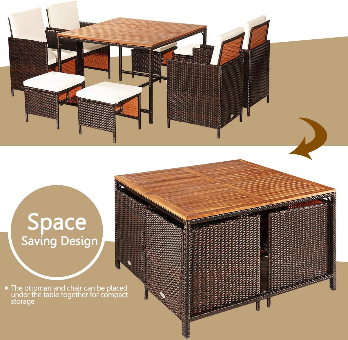RELAX4LIFE 9-Piece Outdoor Dining Set - Patio Wicker Furniture Set w/Acacia Wood Tabletop, Soft Seat & Back Cushions, Dining Table & Chair Set for Backyard, Poolside (White)