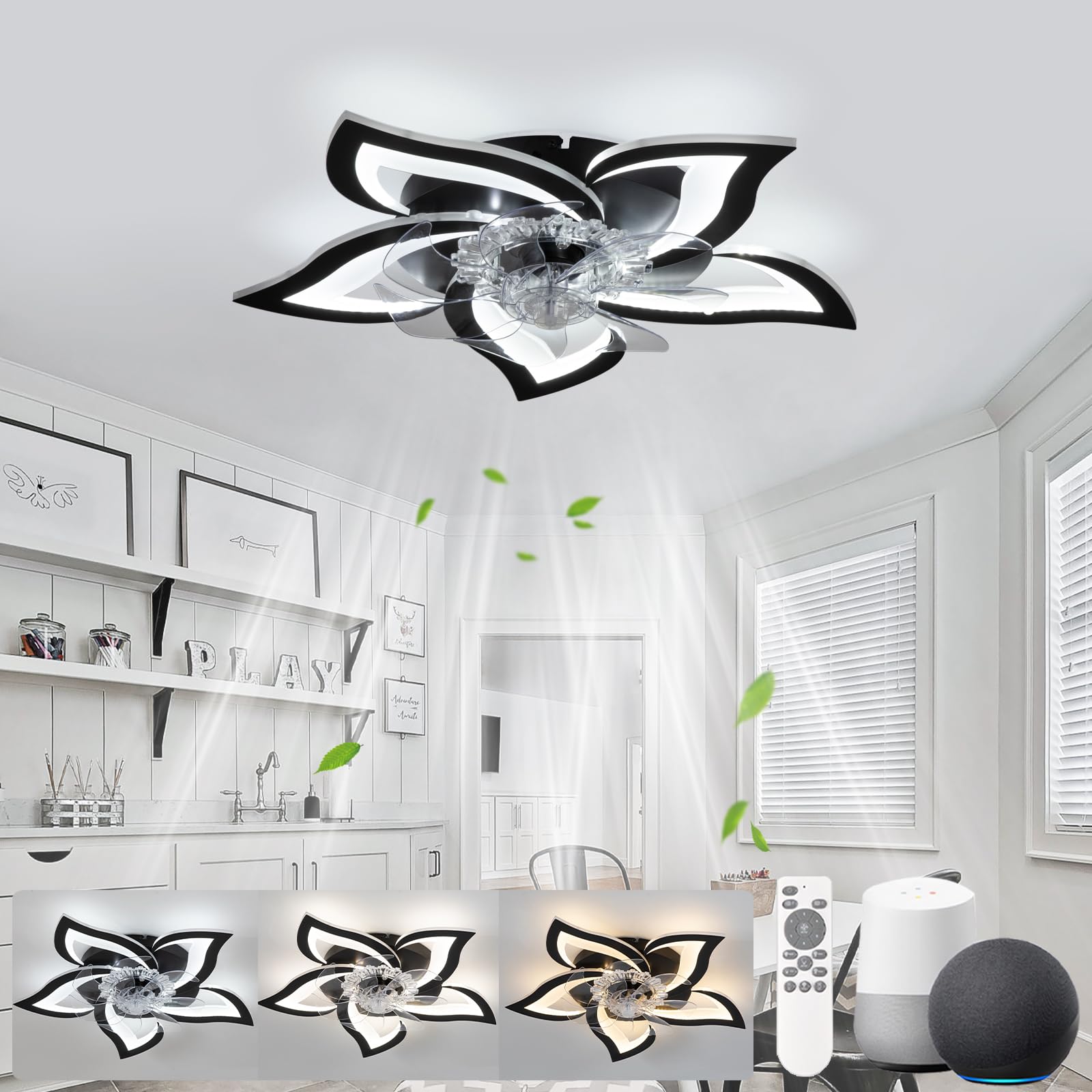 Ventilador de Techo con Luz Silencioso, 65cm Lamparas Ventilador Compatible con Alexa y Google Assistant, Temporizador Regulable Reversible Plafon Ventilador Techo para Dormitorio Salon, Negro