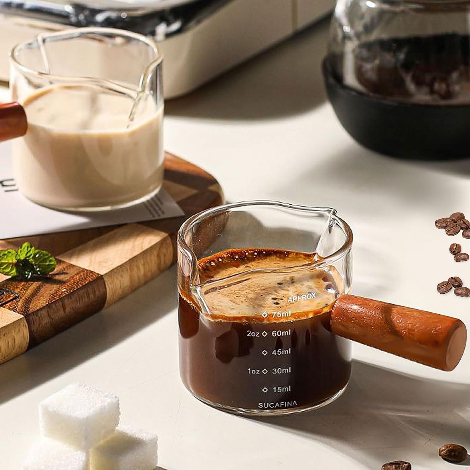 Espresso Cups with Handle 100ml Expresso Shots Glass Cup with Spout and Scale Temperature Resistant (Double Spout)
