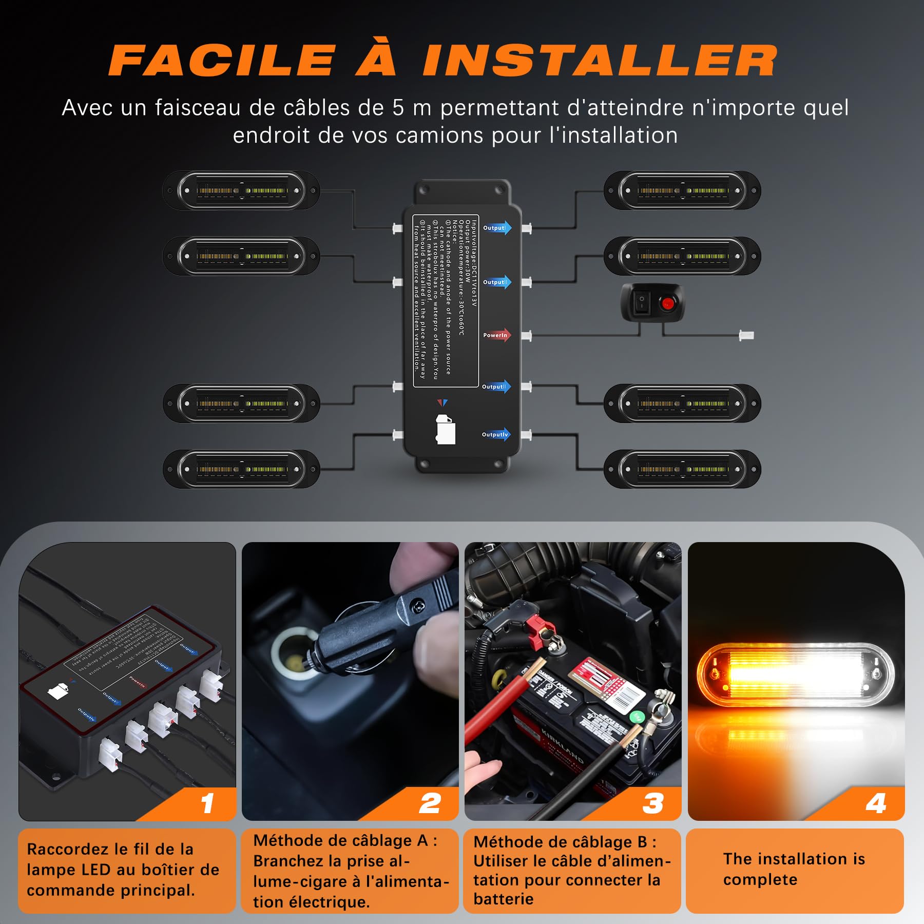 Feux de signalisation avant à LED, lot de 8, 12 V/24 V, clignotants stroboscopiques, étanches IP67, pour camions, quads, SUV, camping-cars et fourgonnettes.