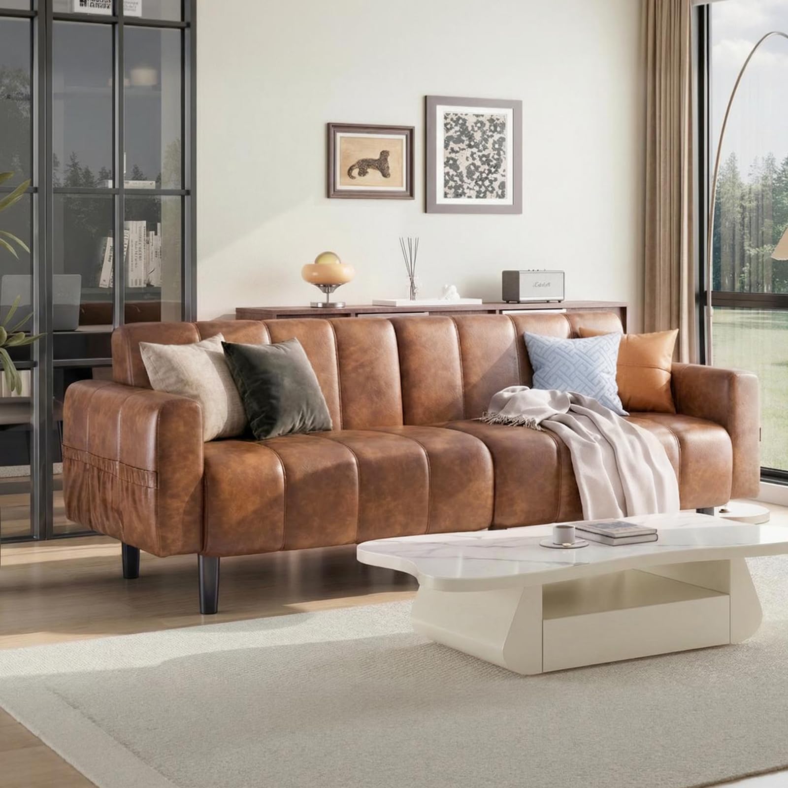 Ledersofa, Sofa 3 Sitzer, Sofa mit Schlaffunktion, Schlafsofa, Wandelbares Ledersofa mit Verstellbarer Rückenlehne, Stauraum, Holz & Stahlrahmen, 195×74×77cm (Braun)