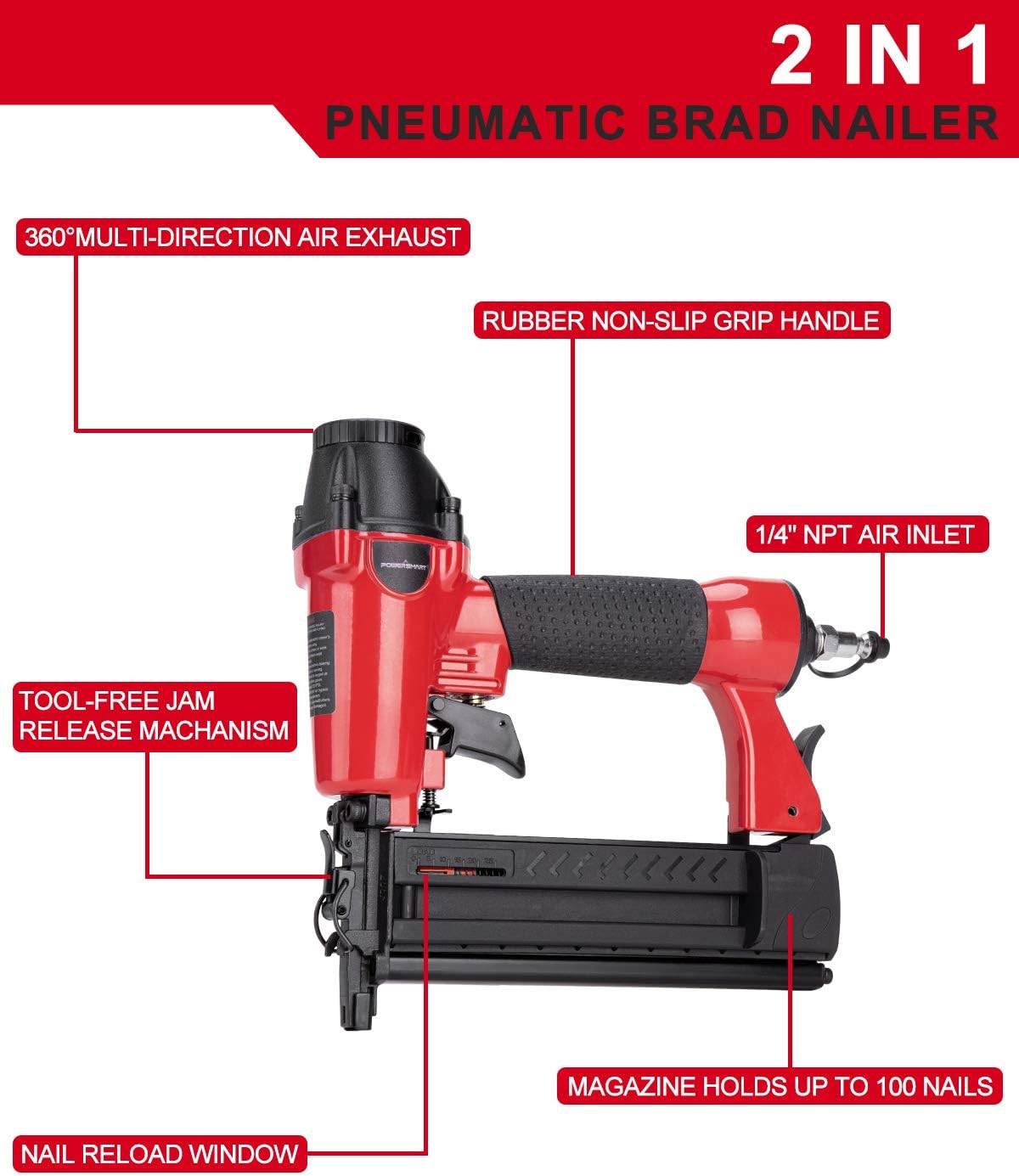 Flаѕh Sаlе Powersmart 18-Gauge Pneumatic Brad Nailer, 2 in 1 Nail Gun and Crown Stapler with Safety Glasses, 5/8-IN to 2-IN Nails, Air powered Nail Gun for Upholstery, Carpentry and Woodworking Projects