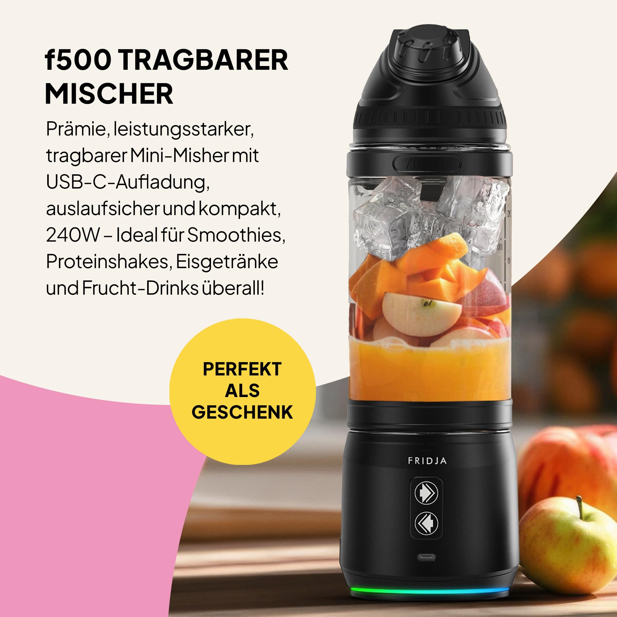 Fridja F500 Tragbarer Mixer – Premium USB-C wiederaufladbar, auslaufsicher & kompakt – BPA-frei, 6 gezackte Edelstahl-Klingen, 240W, 700 ml – Ideal für Smoothies, Proteinshakes, Reisen & Fitnessstudio