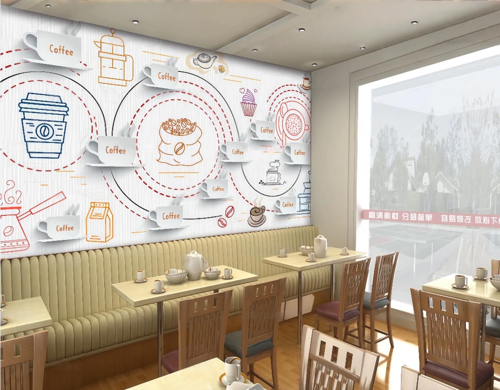 Tapeta Ręcznie Malowana Kawa Litery Drewna Ziarna Popołudniowa Herbata Casual Sklep Słodycze Tło Ściana Zachodnia Restauracja Tapeta Kawa Mural, 3D, 300 x 210 Cm