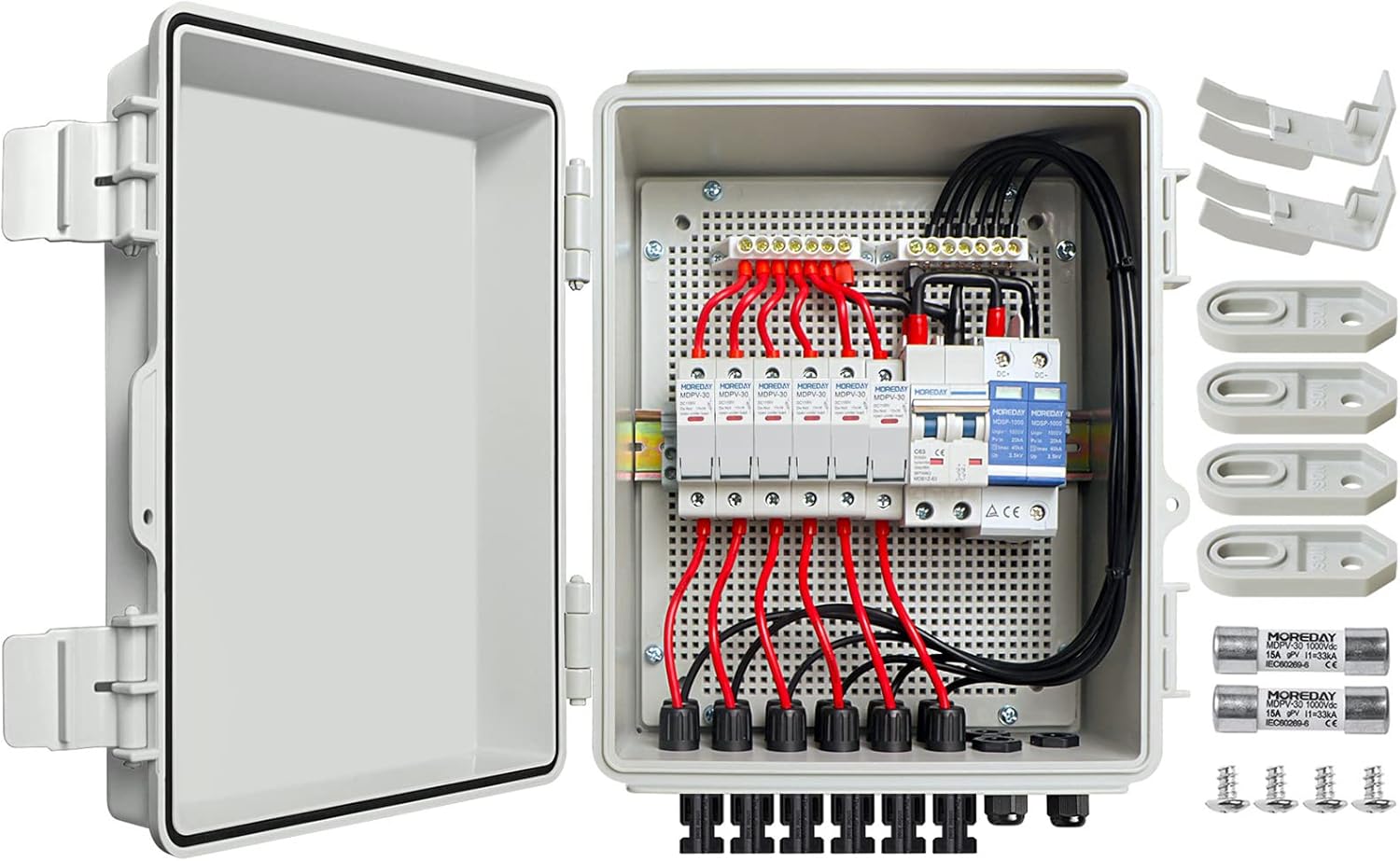 EXCELFU 6 String Solar Combiner Box, PV Combiner Box with Lightning Arreste & 15A Rated Current Fuse and 63A Circuit Breaker, IP65 Waterproof Combiner Box for On/Off Grid Solar Panel System : Patio, Lawn & Garden