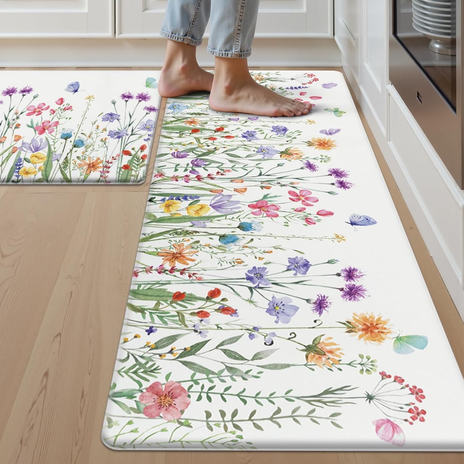 SHACOS Floral Kitchen Rugs Set of 2, 17x27.5+17x47 inch | Spring Summer Anti-Fatigue Kitchen Mats, White Cushioned Mats with Colorful Wild Flowers Butterfly