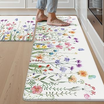 SHACOS Floral Kitchen Rugs Set of 2, 17x27.5+17x47 inch | Spring Summer Anti-Fatigue Kitchen Mats, White Cushioned Mats with Colorful Wild Flowers Butterfly
