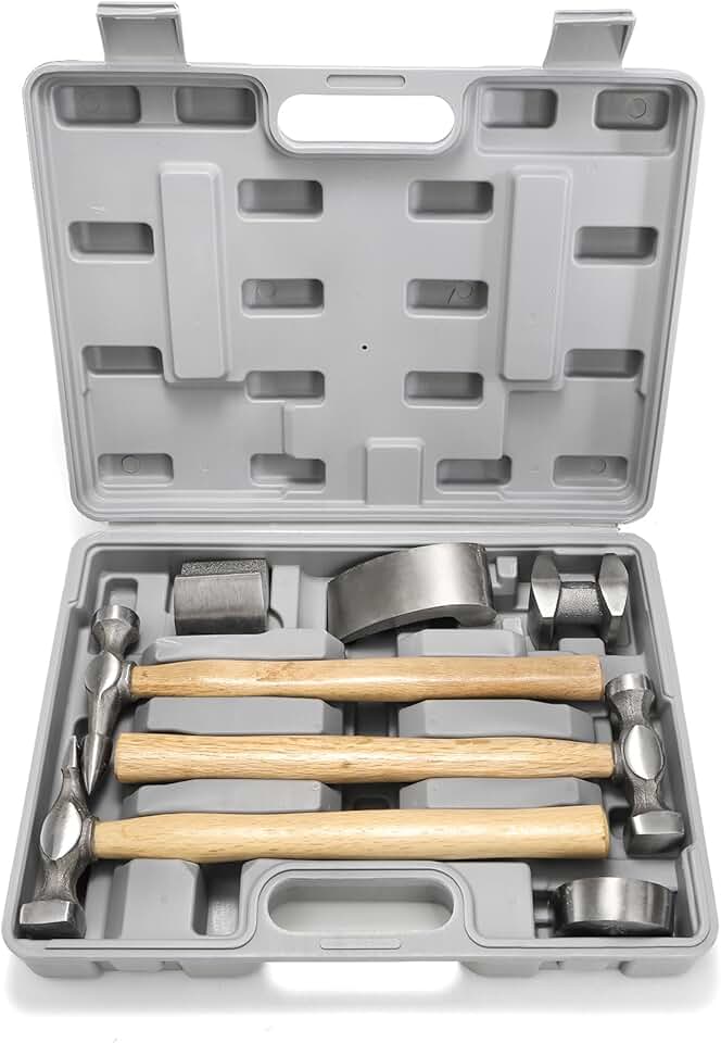 Hiceeden 7 Pcs Heavy Duty Auto Body Repair Kit with Wooden Handles, Auto Body Repair Tools with Hammer Heads and Dolly, Dent Removal Tools Set with Portable Storage Case for Auto Car