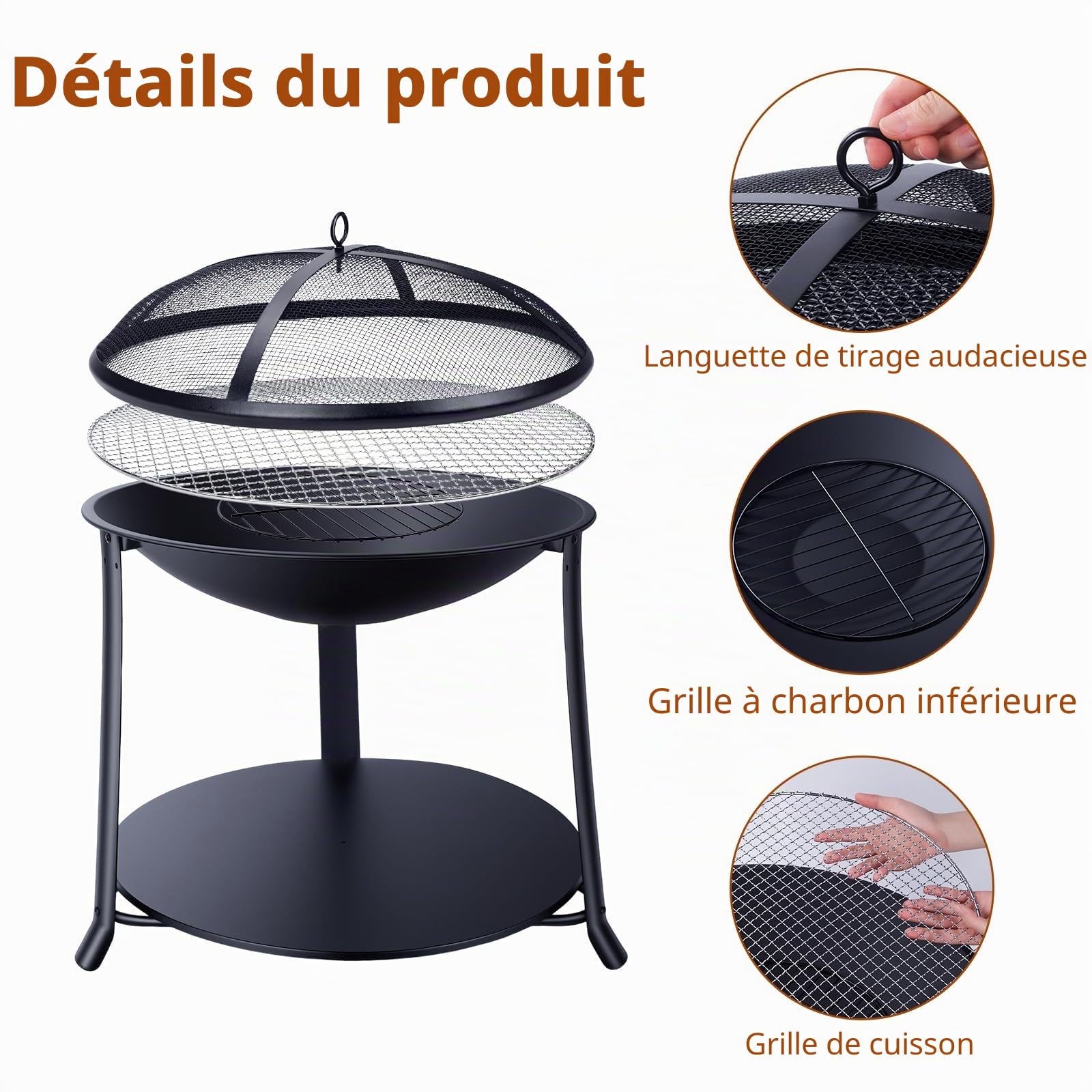 Brasero Exterieur Barbecue 55cm, Brasero de Jardin avec Pare-étincelles, Brasero Extérieur de Jardin pour Terrasse Patio Cour Camping