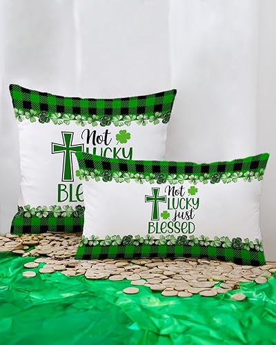 Miniatura 3 de Fundas de almohada del Día de San Patricio de 18 x 18 pulgadas  Not Lucky Just Blessed" con diseño de cruz y trébol  Funda de cojín festiva de