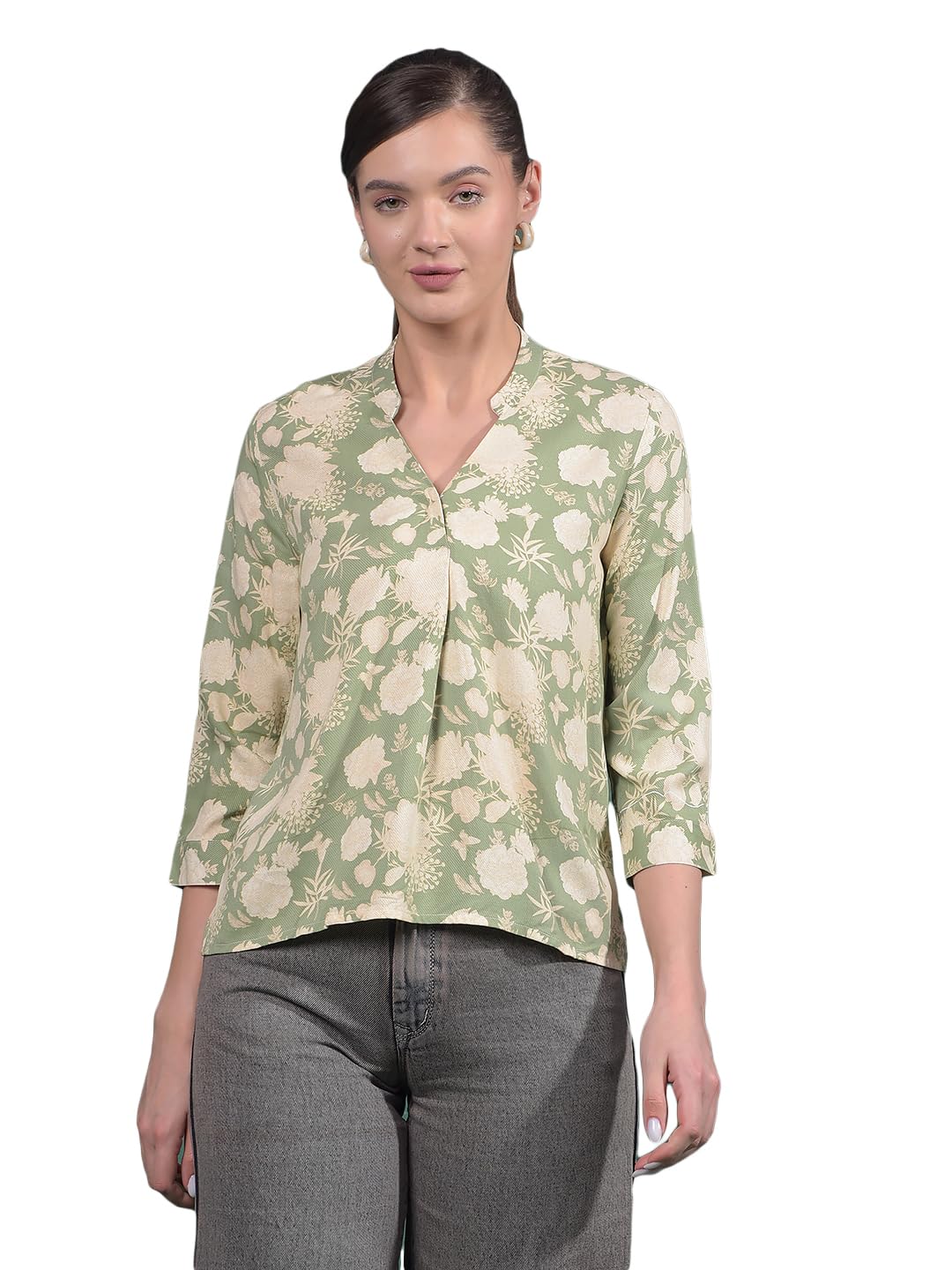 crimsoune club Women's Green Floral Print V-Neck Top-picture-38