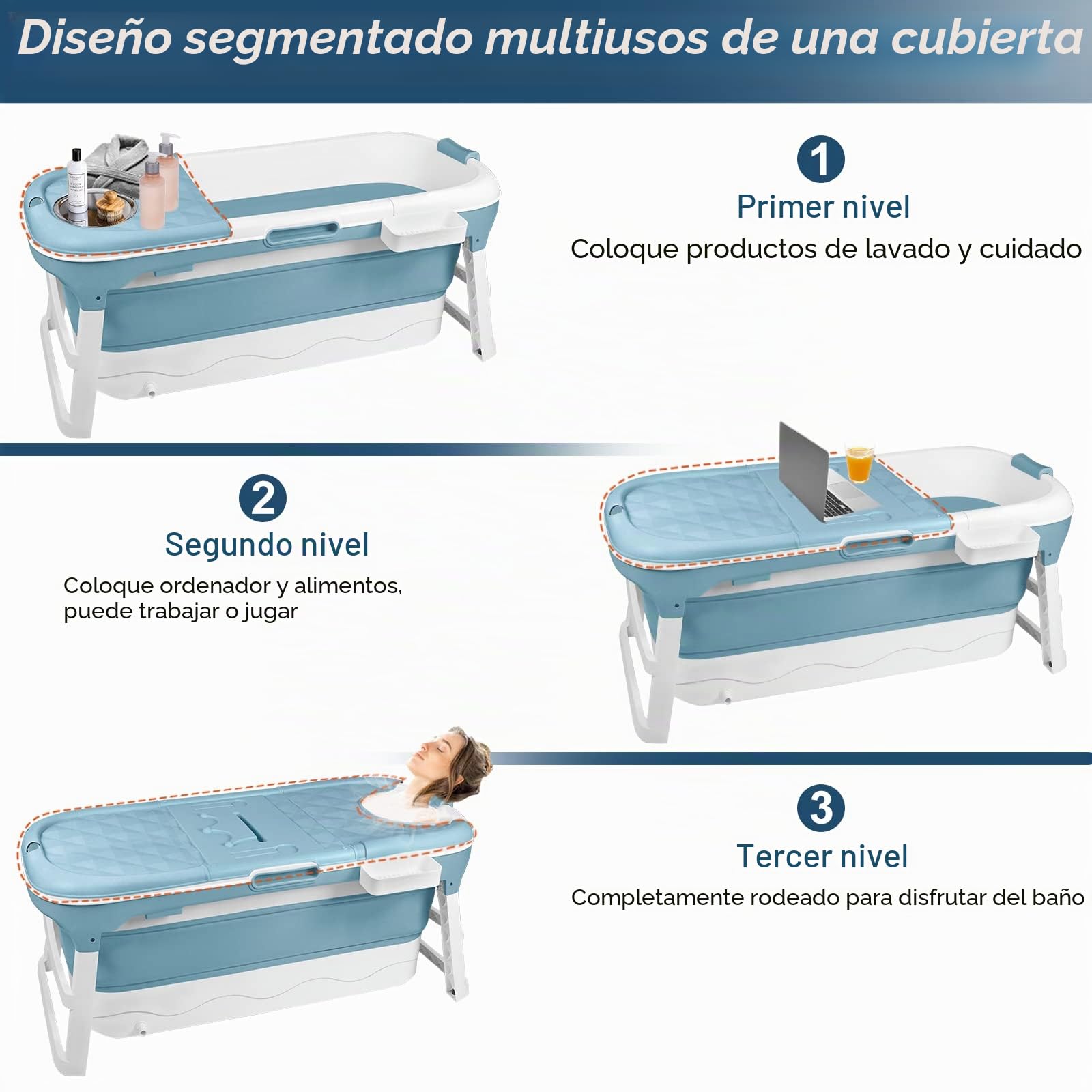 LARS360 Bañera plegable para adultos, bañera de viaje con cubierta extraíble, cesta para jabón y rodillos de masaje, bañera móvil para baño pequeño (128 x 62 x 53 cm)