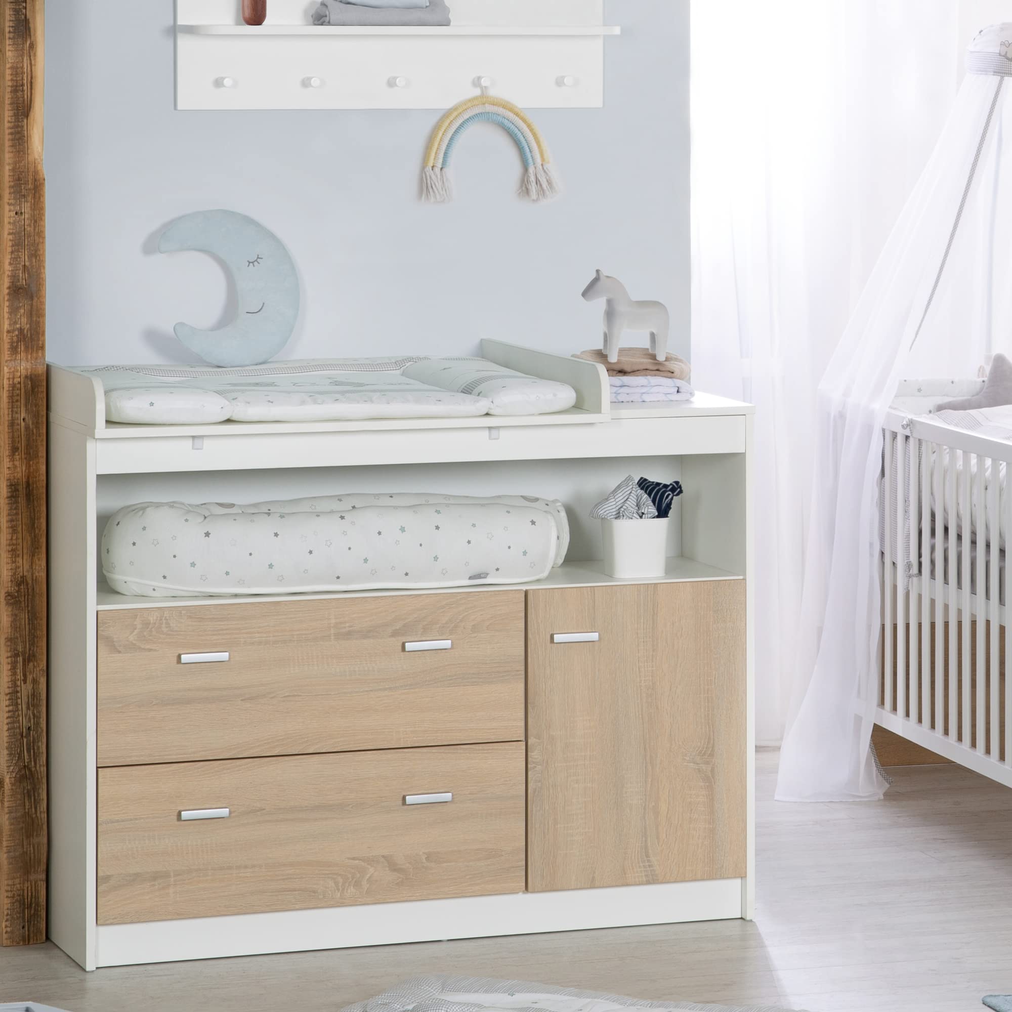 roba Chambre Bébé Duo Gabriella - Lit Évolutif 70 x 140 cm + Commode à Langer - Meubles Certifiés EPH - Blanc / Décor Bois