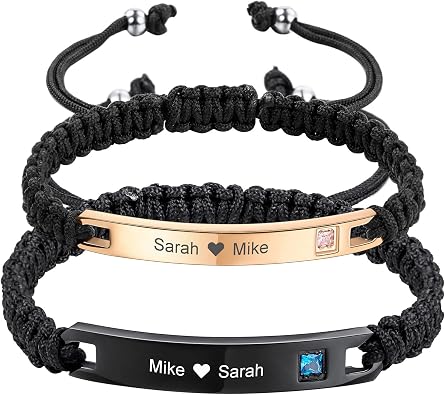 Custom Couple Bracelets Personalized Nameplate Engraving ID Matching Set Bracelets for Couples Women Men Custom Anklets Adjustable Handmade Braided Rope Stainless Steel Tag