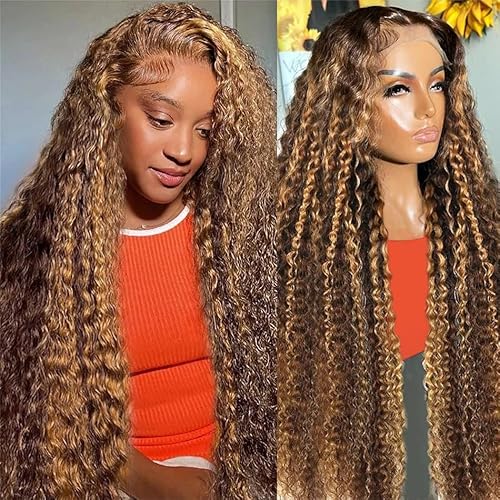 Honey Blonde Curly Wig Human Hair 13x4 HD Highlight Ombre Deep Wave Lace Front Wigs Human Hair Pre Plucked 180% Density 4/27 Glueless Colored Wigs for Women Wet and Wavy Lace Front Wigs 26 Inch