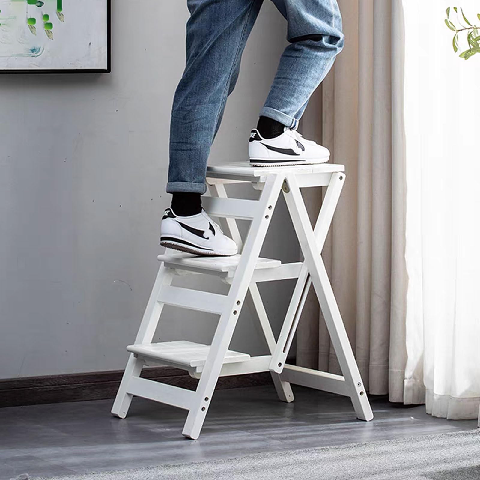 Escabeau pliant en bois blanc à 3 marches pour cuisine