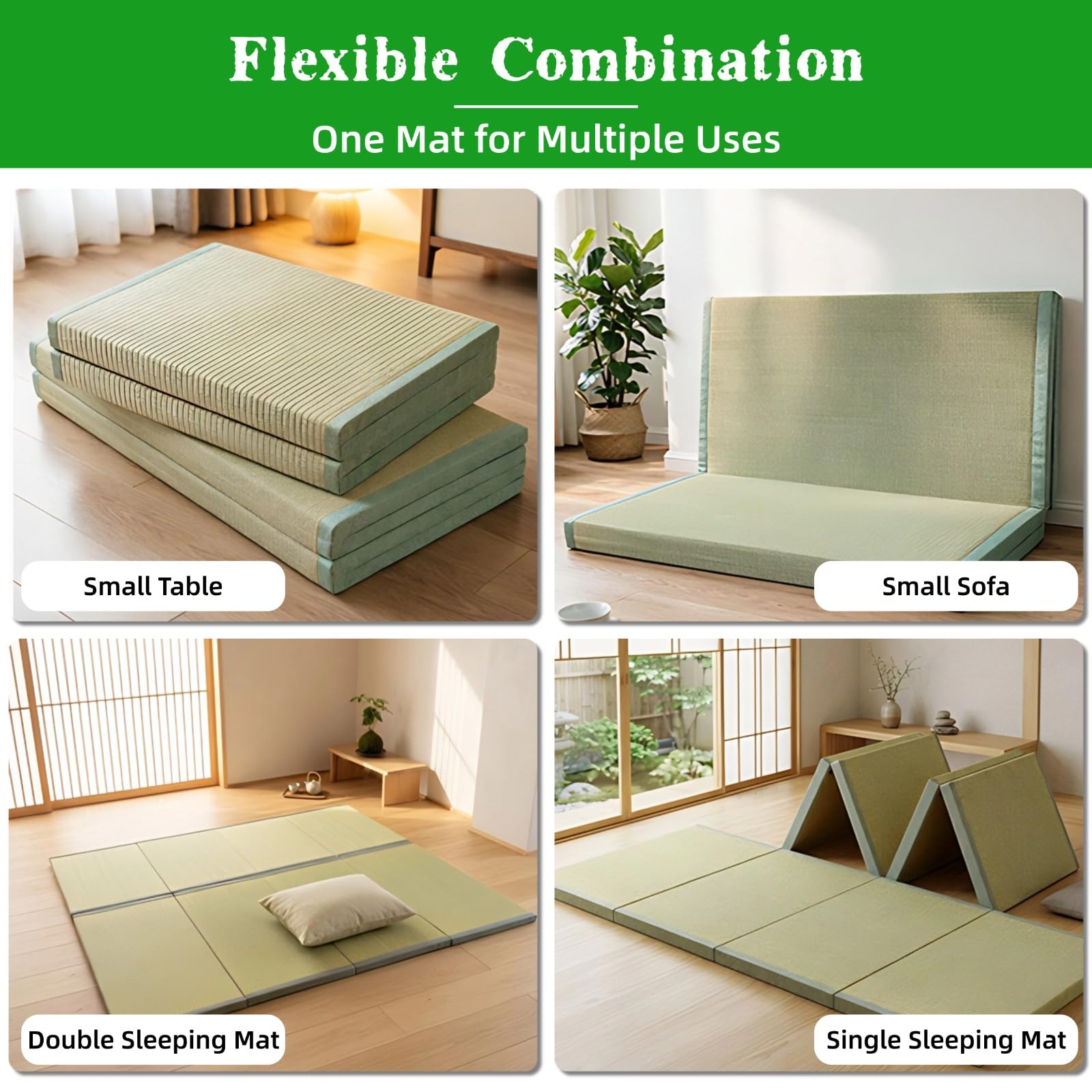 Tatami Matelas Japonais Naturel Jonc Herbe (Non Teint) | Tapis de Sol 1 Personne, 3.5cm épais, 4 Pliable Futon avec Support Antidérapant pour Dormir Méditation Yoga Zen Relaxation