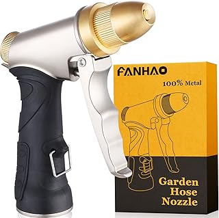 FANHAO Garden Hose Nozzle, 100% Heavy Duty Metal Spray Nozzle High Pressure Water Nozzle with 4 Patterns for Watering Garden, Washing Cars and Showering Pets - Full Brass Nozzle + ABS Non-Slip Grip