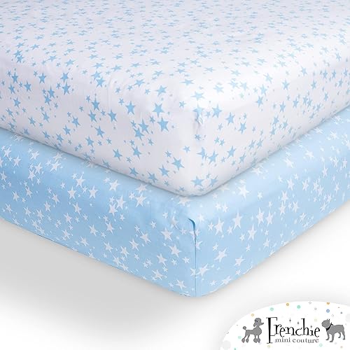 Miniatura 3 de Sábanas bajeras para cuna, 100% algodón, se adaptan a colchones de niños pequeños, estrellas azules, 28 x 52 pulgadas, paquete de 2