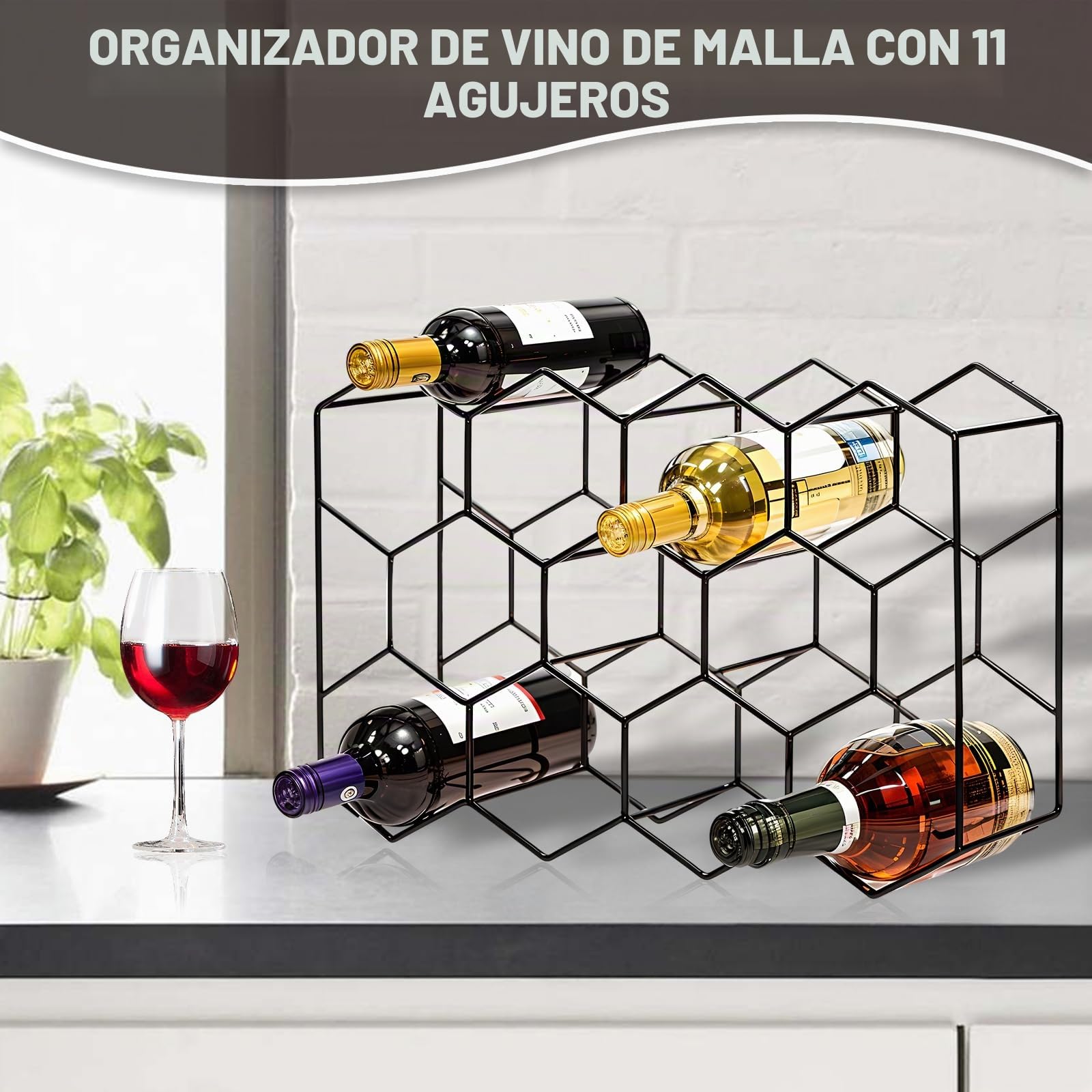 Dokeno Botellero de Encimera – 14 Botellas de Metal Negro Moderno Independiente pequeño – Soporte de Vino de Mesa de 3 Niveles para gabinete, despensa – Estante de Vino encimera – no Requiere