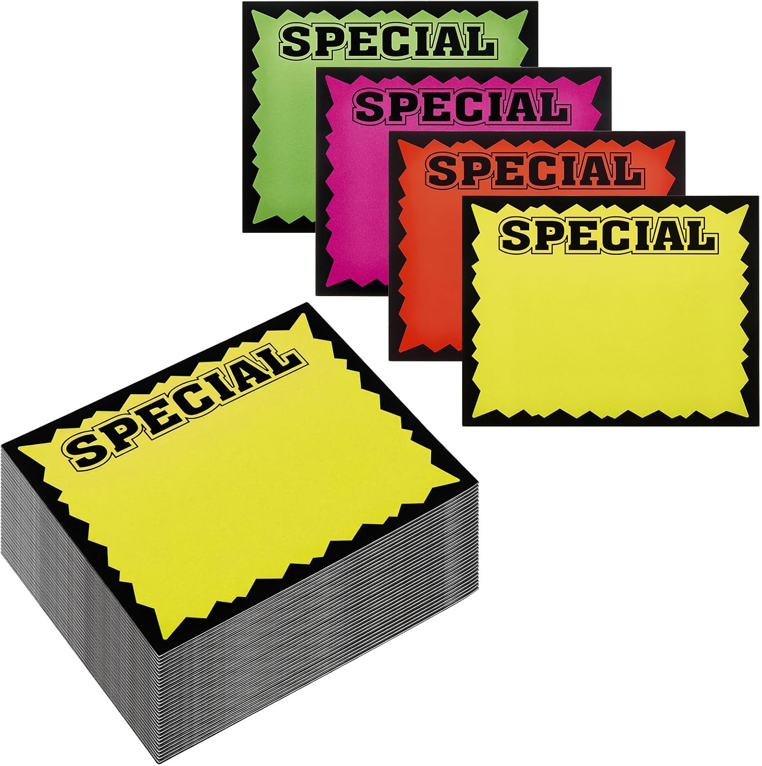 Eaasty 100 Pcs 5.5" x 7" Starburst Signs, Fluorescent Neon Special Retail Sign Cards, Rectangular Burst Blank Price Tags Special Price Cards for Retail Store, Yard Garage Sale Supplies