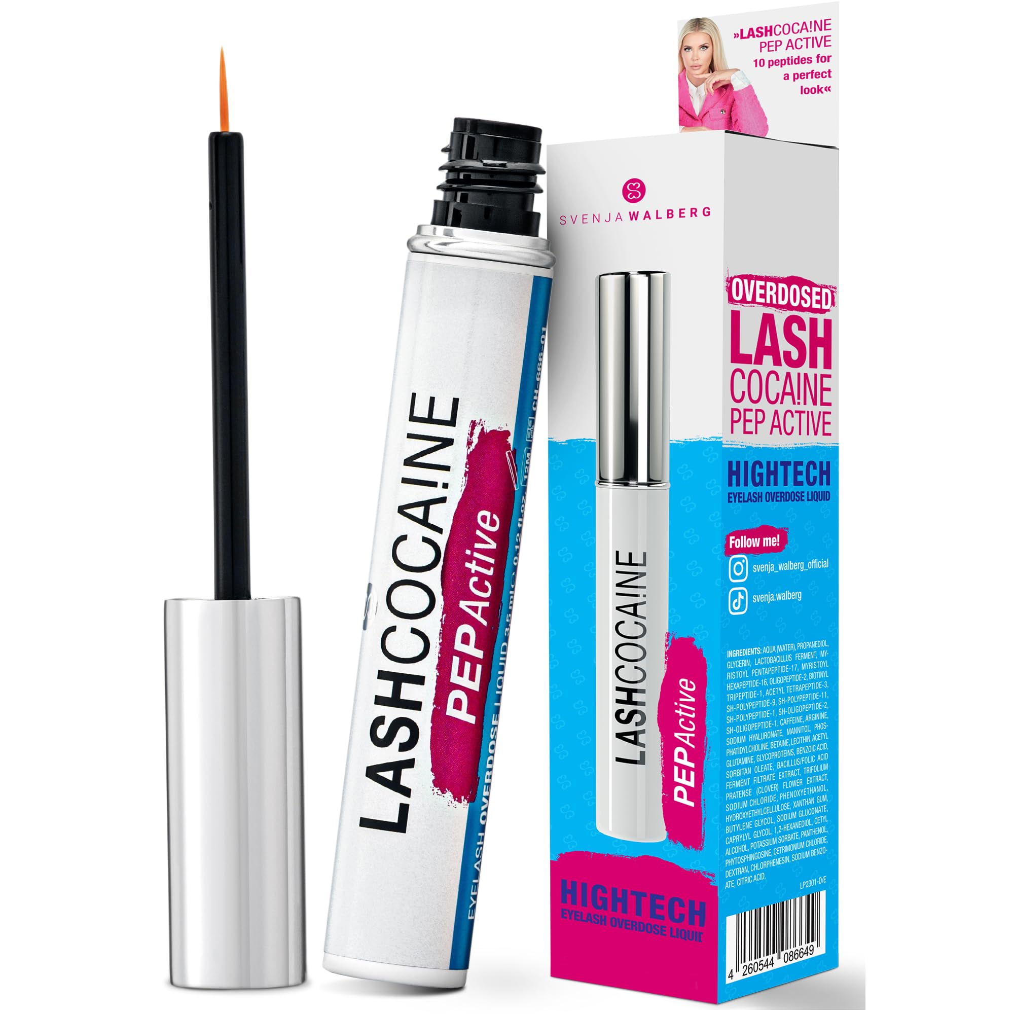 LASHCOCAINE PEP ACTIVE - Eyelash serum without hormones - Protects & strengthens eyelashes - Eyelash booster with care complex by Svenja Walberg - VEGAN - MADE IN GERMANY - 3,5ml