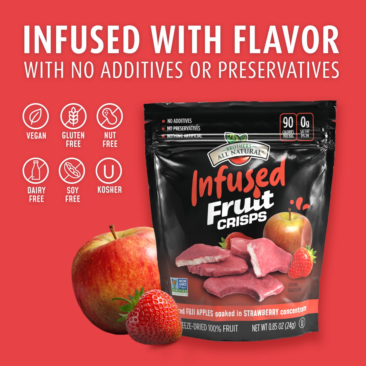 Brothers All Natural Infused Freeze Dried Fruit Crisps, Fuji Apple Infused with Strawberry, 0.85 Oz (Pack of 8), Made with 100% Fruit, Gluten Free, Soy Free, Vegan, Healthy Snack, Resealable Pouch