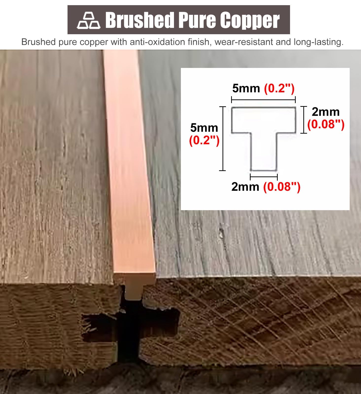 ZIMGOD Copper 5mm Floor Transition Strip Wood to Tile, T Molding Threshold Seam Cover, Vinyl Floors Divider Strip for Hardwood/Laminate Flooring/Concrete(5x5mm(0.2