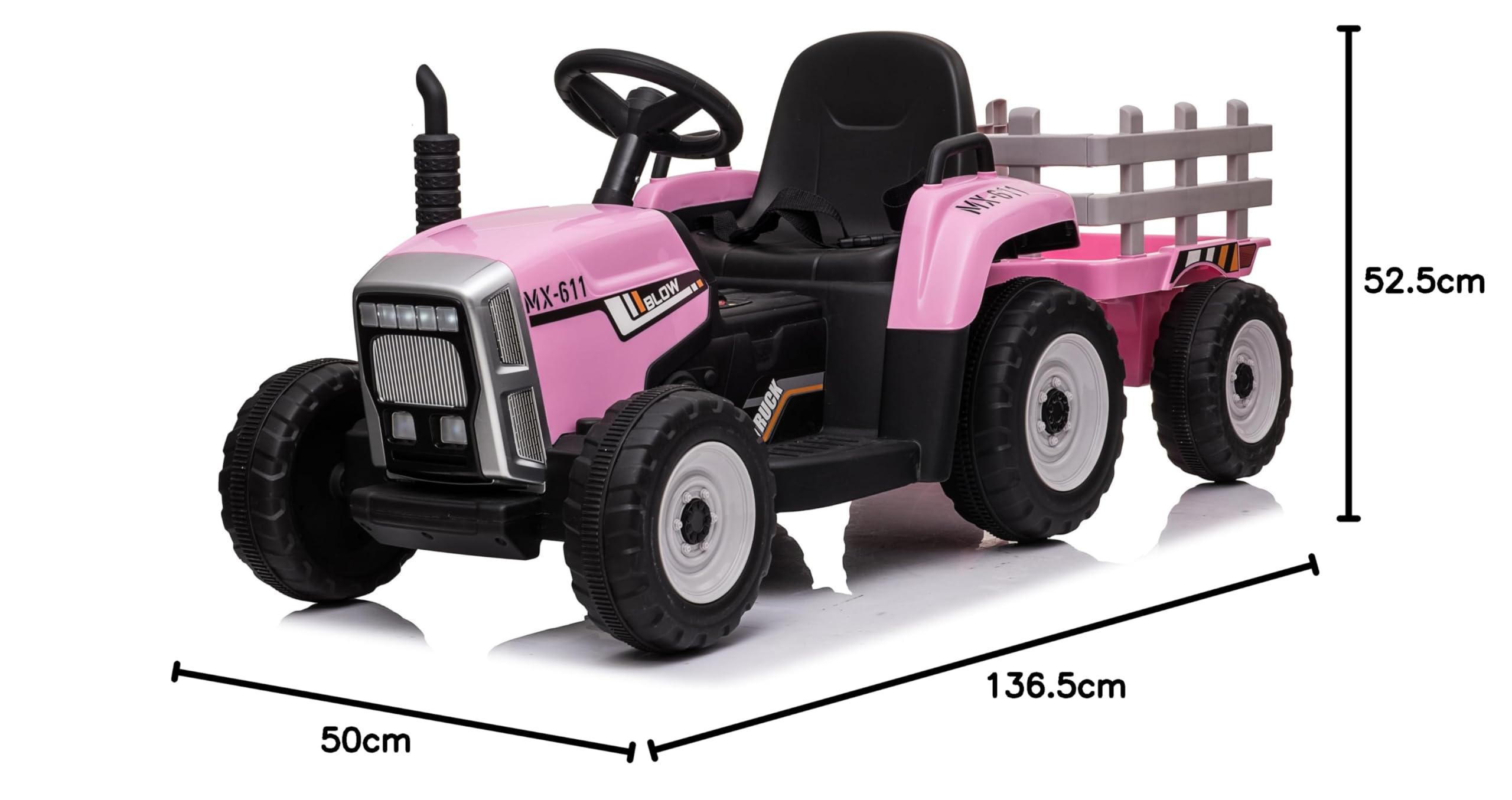 FINOOS 12V Tracteur Électrique Enfants avec Pelle & Remorque Amovible, Télécommande 2,4G, 2-6km/h, Rose