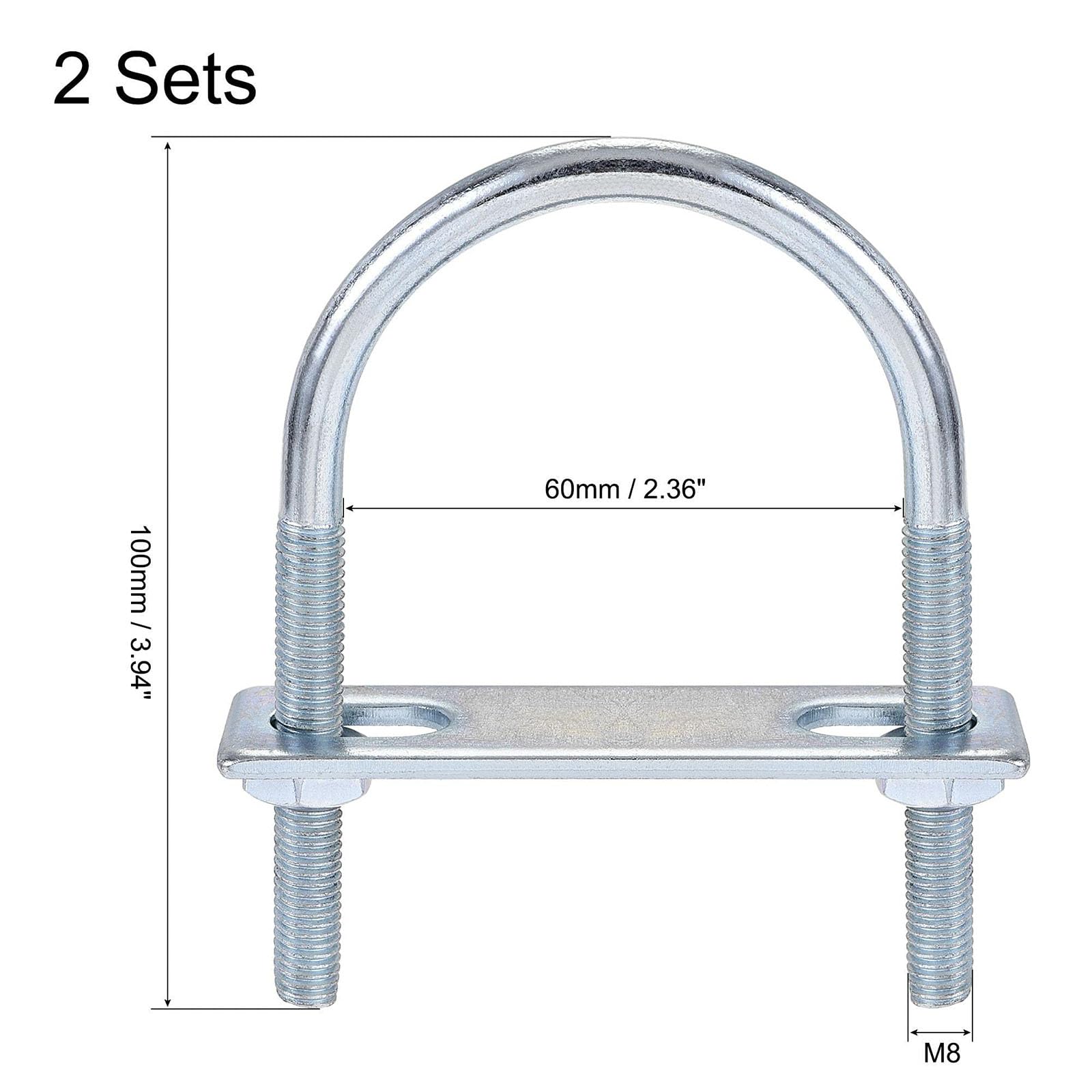 TOP-VIGOR 2 sets M8 Round U-Bolts, 60mm Inner Width 100mm Length Steel U-Bolts with Nut - Image 2